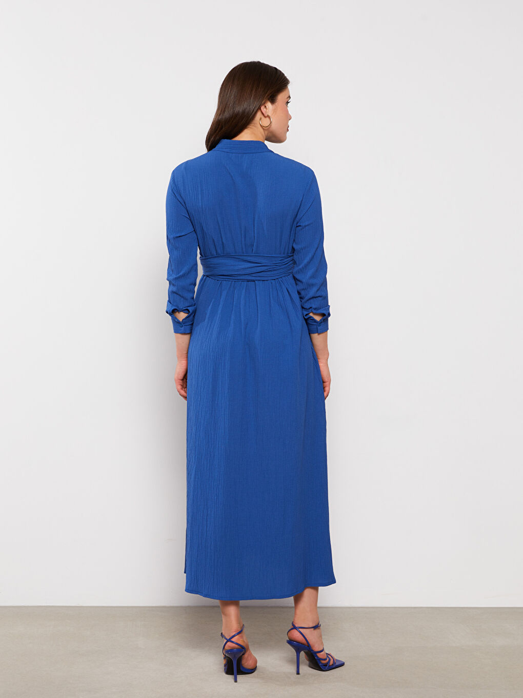 Mavi Gömlek Yaka Düz Uzun Kollu Poplin Hamile Elbise-4