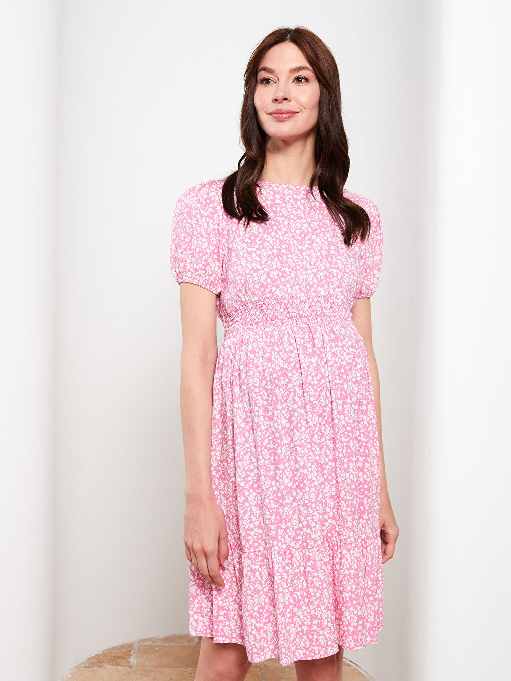 Pembe Bisiklet Yaka Desenli Kısa Kollu Viskon Hamile Elbise-2