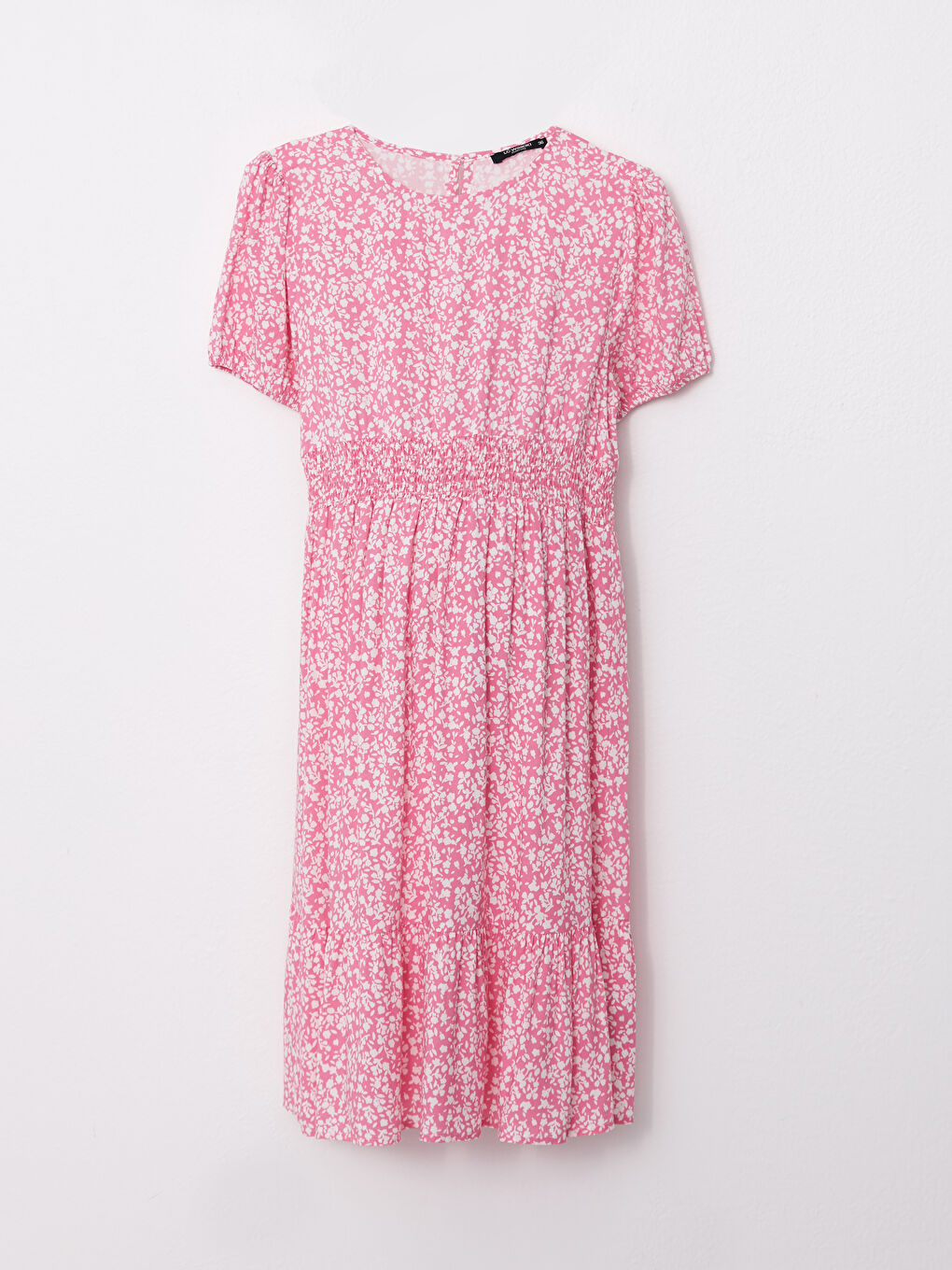 Pembe Bisiklet Yaka Desenli Kısa Kollu Viskon Hamile Elbise-5