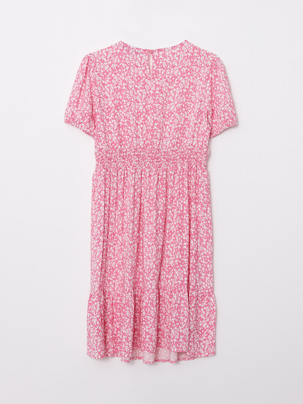 Pembe Bisiklet Yaka Desenli Kısa Kollu Viskon Hamile Elbise-6