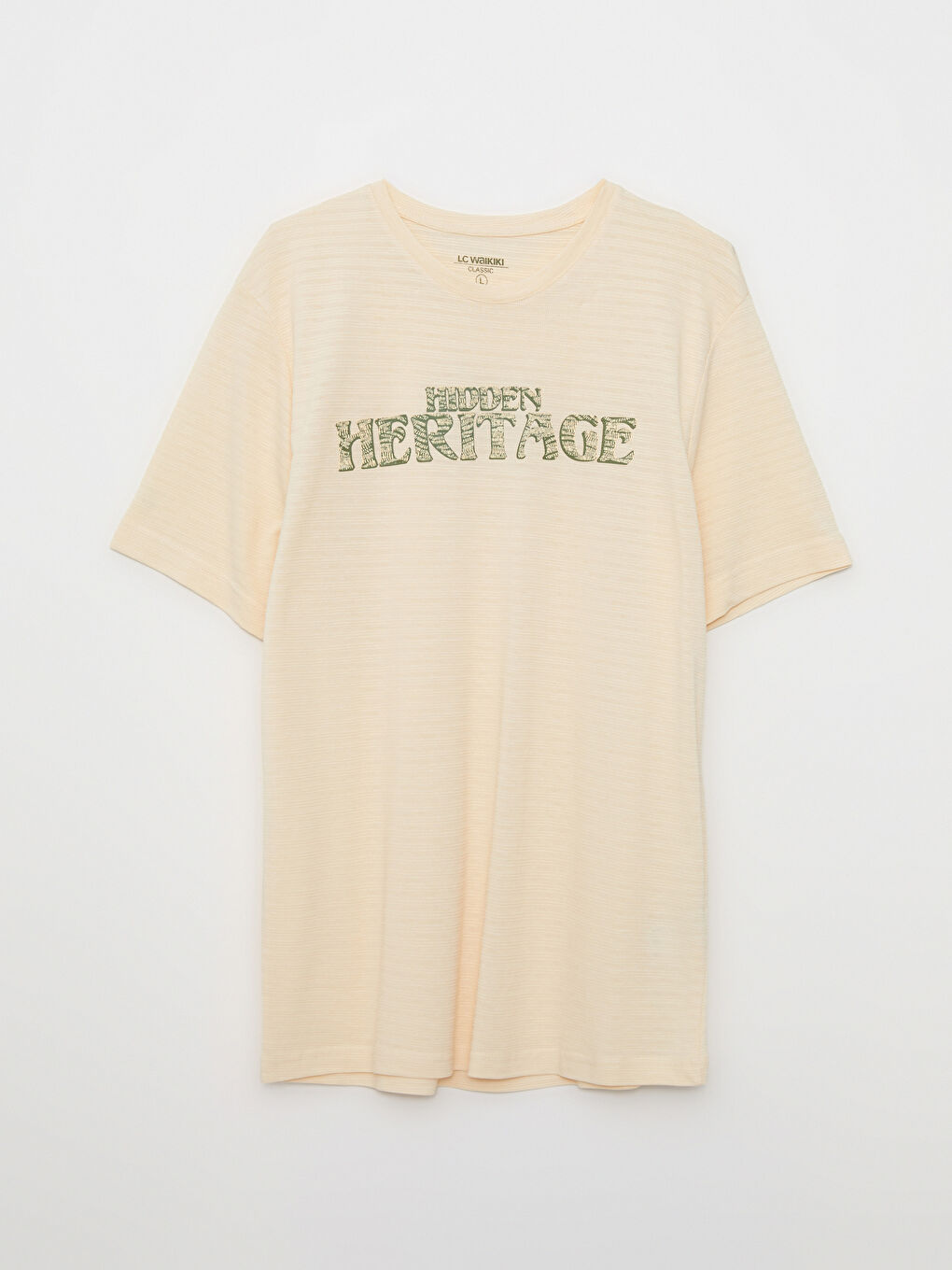 Bej Bisiklet Yaka Kısa Kollu Baskılı Erkek Tişört-5