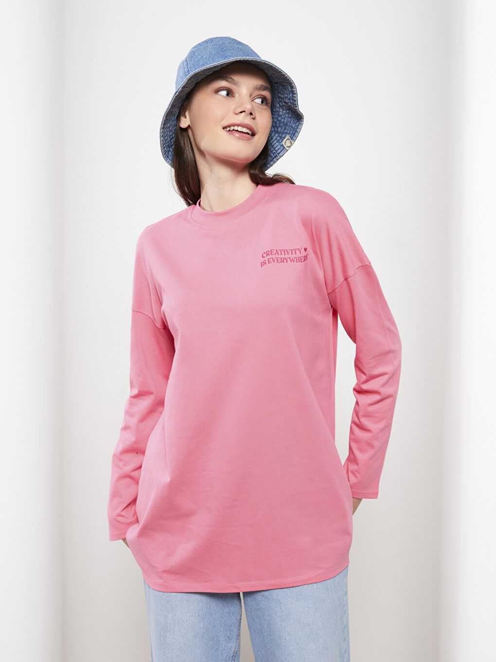 Pembe Dik Yaka Baskılı Uzun Kollu Pamuklu Kadın Tunik-1