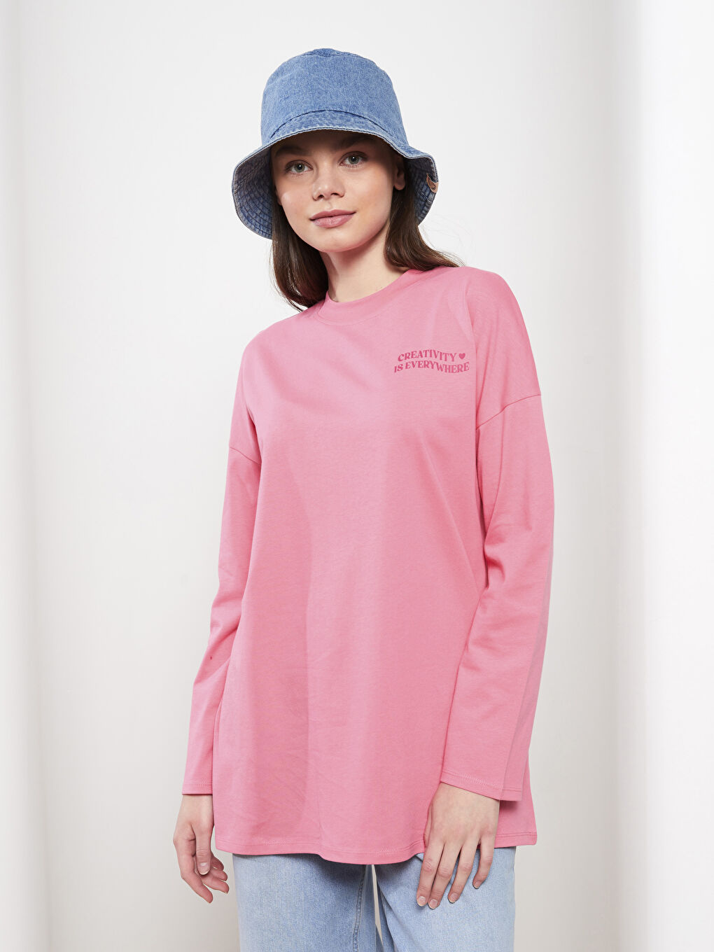 Pembe Dik Yaka Baskılı Uzun Kollu Pamuklu Kadın Tunik-2