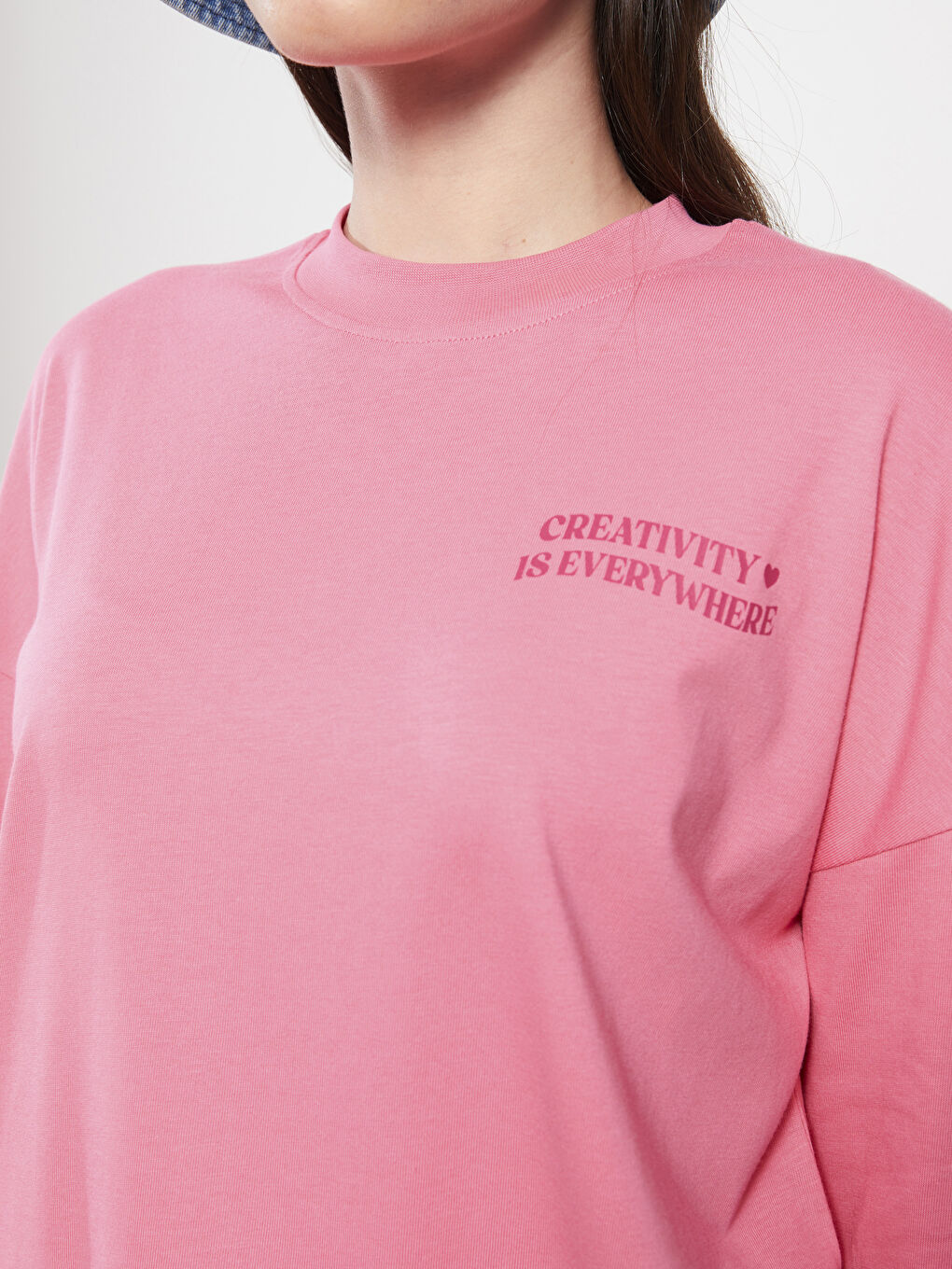 Pembe Dik Yaka Baskılı Uzun Kollu Pamuklu Kadın Tunik-3