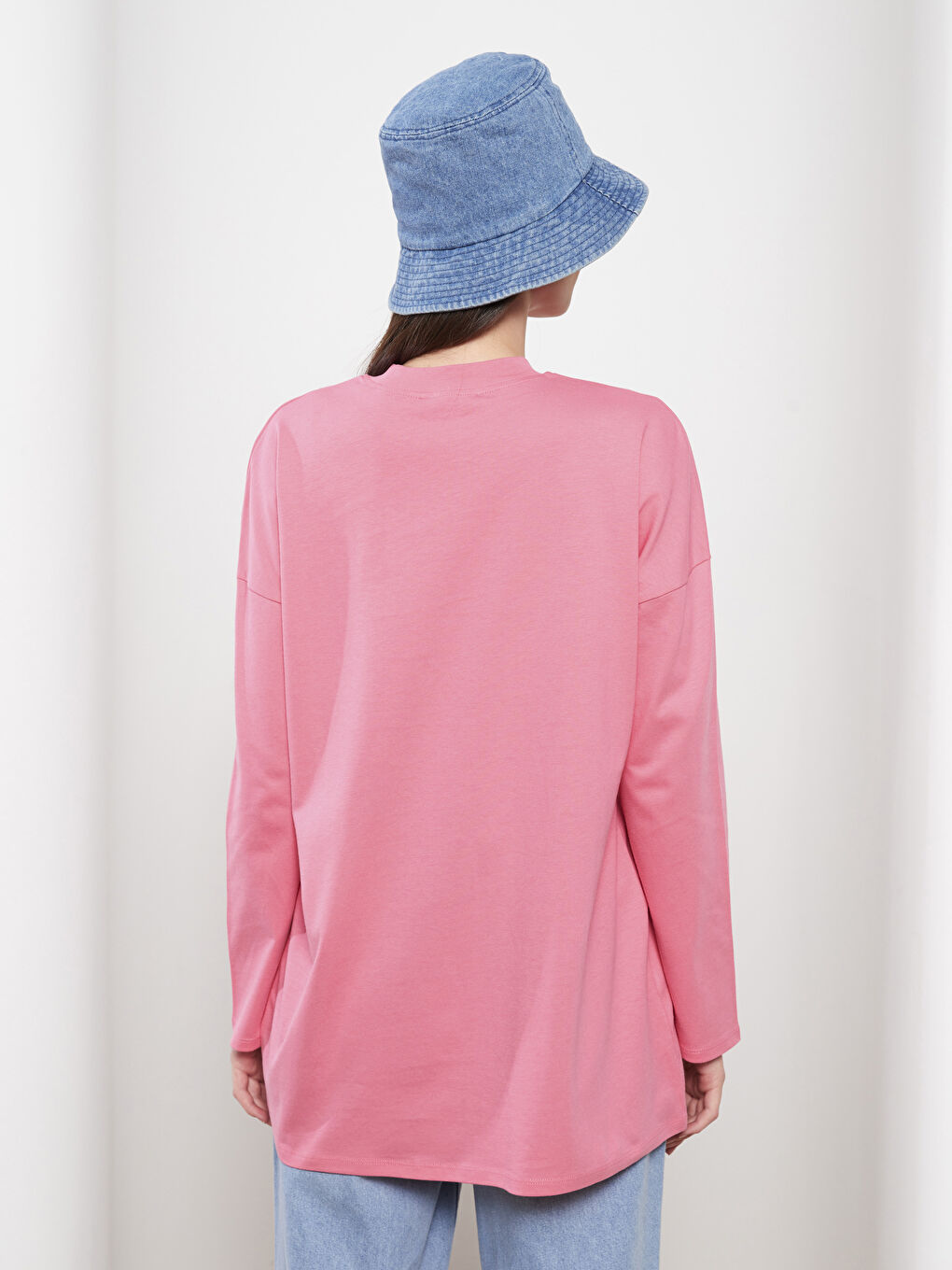 Pembe Dik Yaka Baskılı Uzun Kollu Pamuklu Kadın Tunik-4