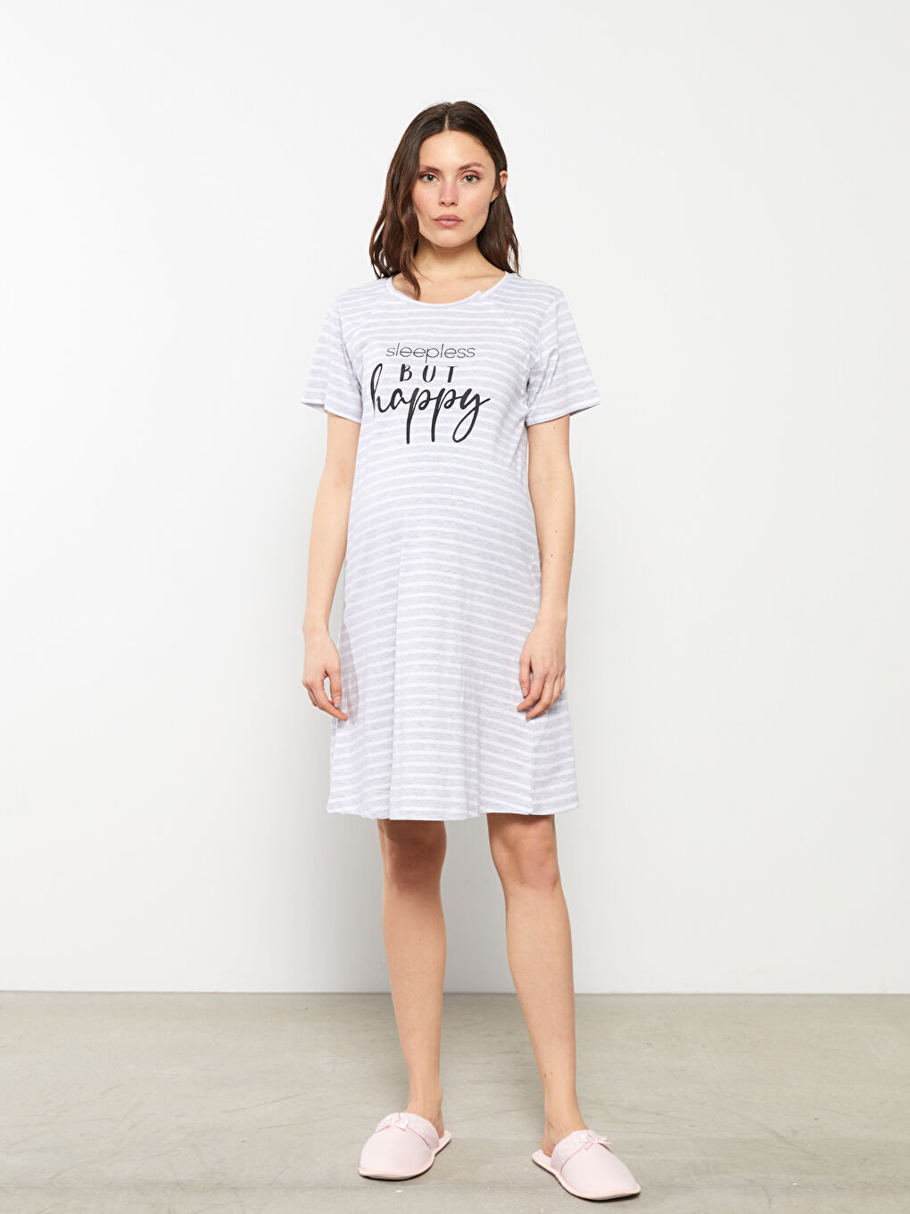 Gri Bisiklet Yaka Çizgili Kısa Kollu Hamile Gecelik