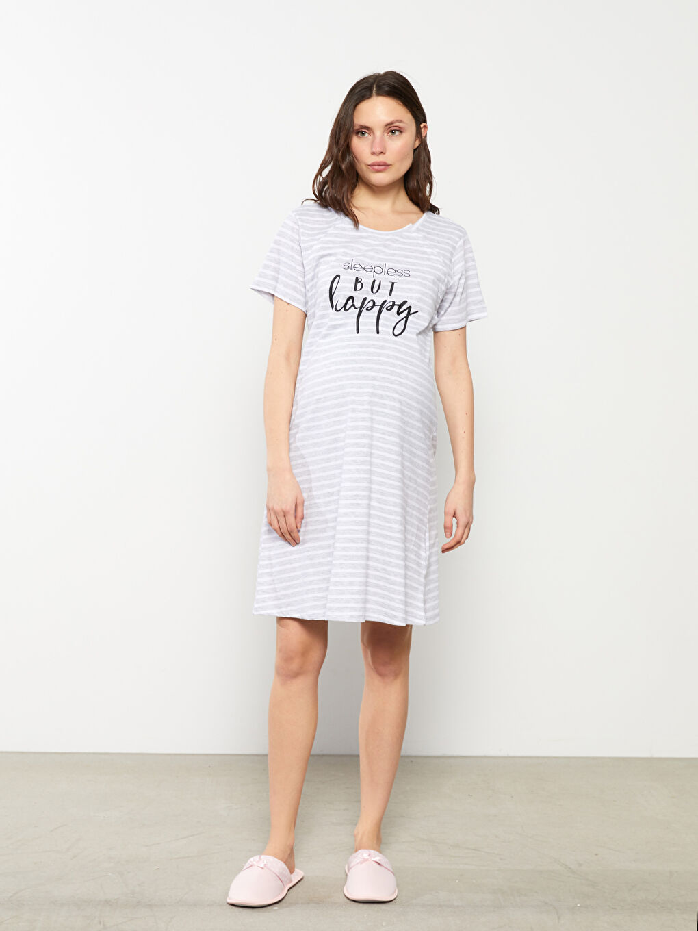 Gri Bisiklet Yaka Çizgili Kısa Kollu Hamile Gecelik-1