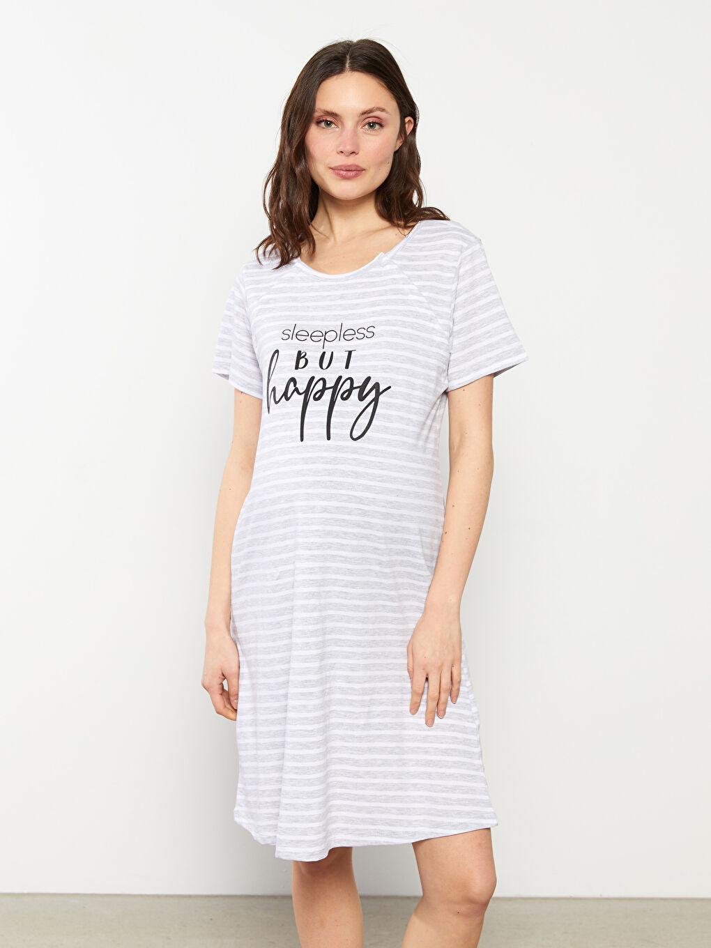 Gri Bisiklet Yaka Çizgili Kısa Kollu Hamile Gecelik-2