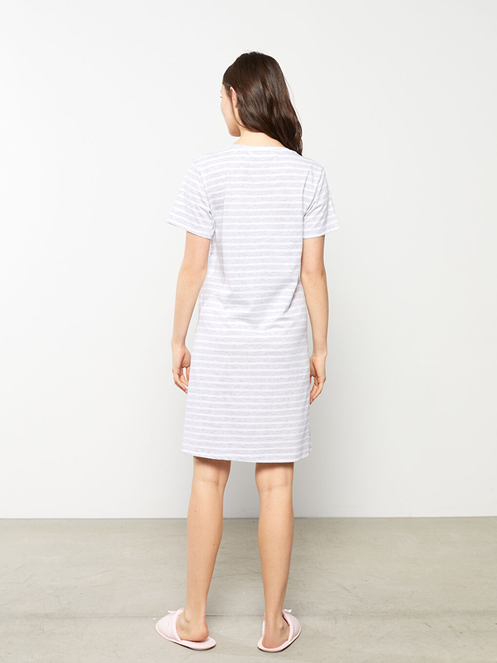 Gri Bisiklet Yaka Çizgili Kısa Kollu Hamile Gecelik-4