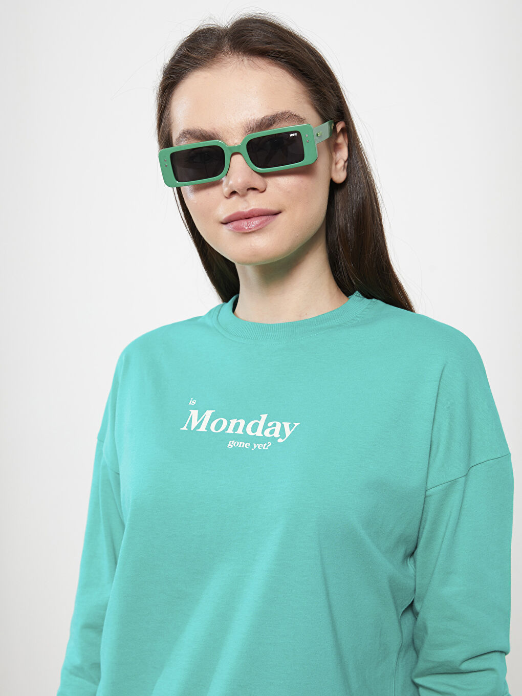 Yeşil Bisiklet Yaka Baskılı Uzun Kollu Pamuklu Kadın Tunik