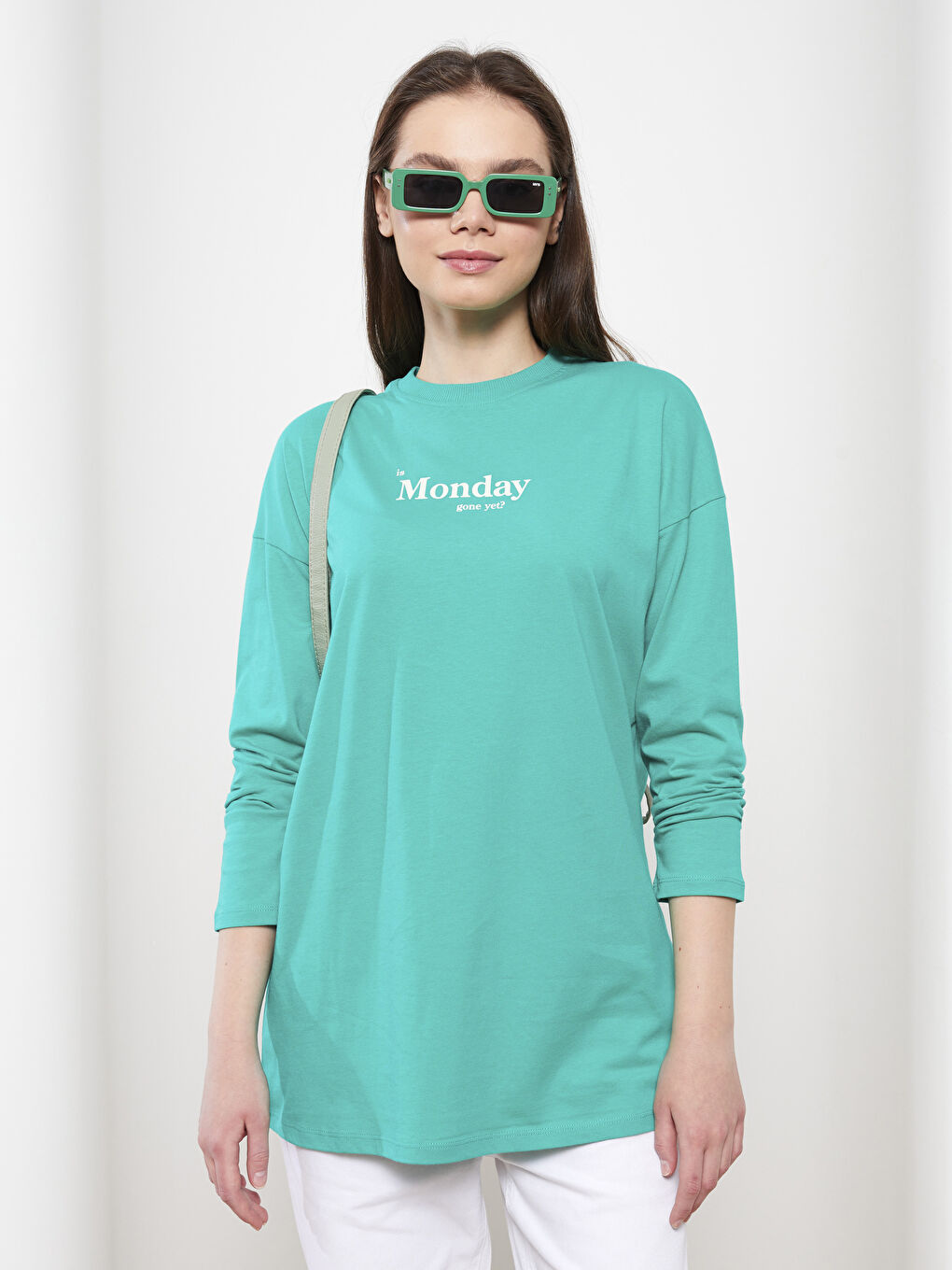 Yeşil Bisiklet Yaka Baskılı Uzun Kollu Pamuklu Kadın Tunik-1