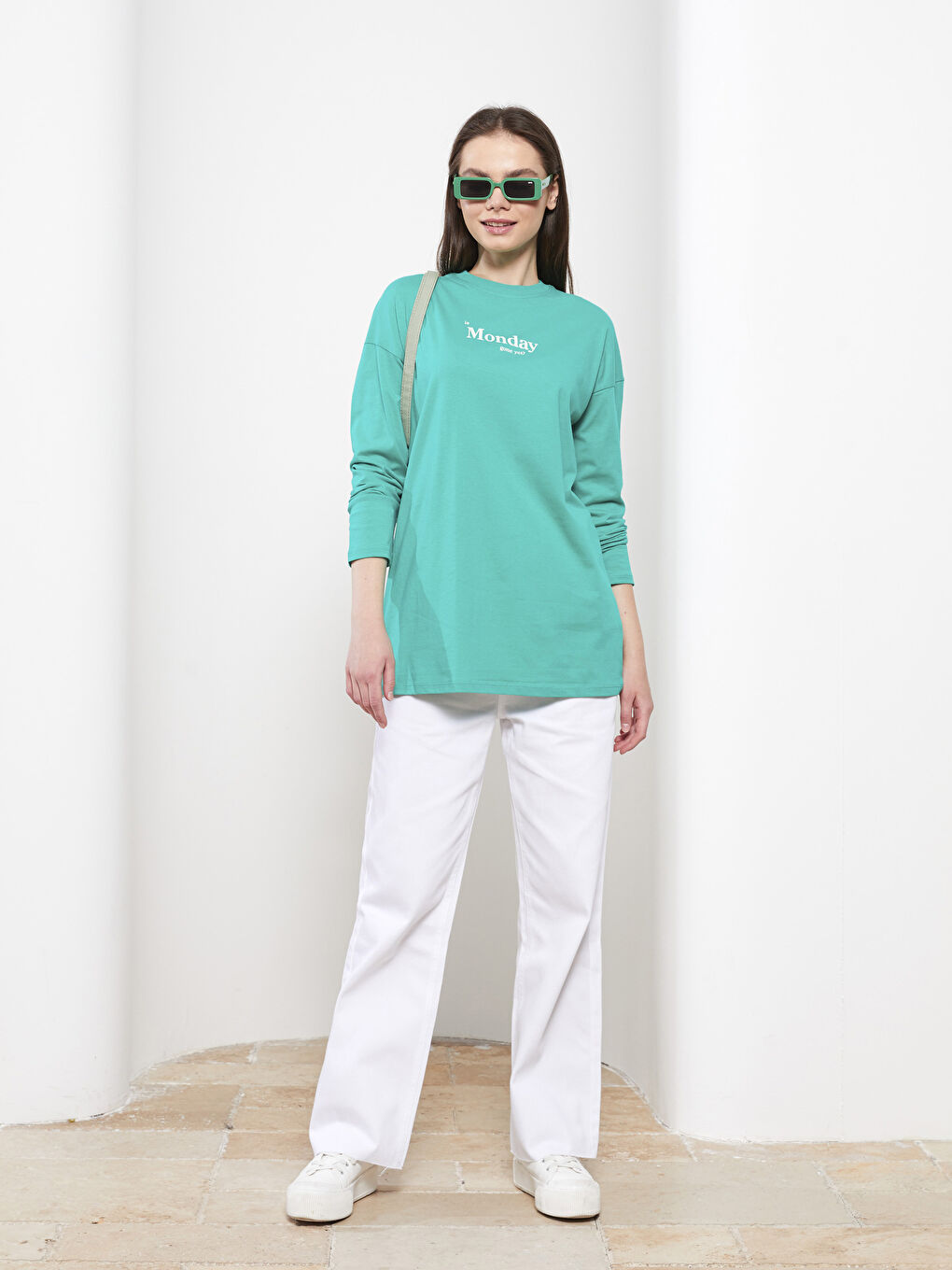 Yeşil Bisiklet Yaka Baskılı Uzun Kollu Pamuklu Kadın Tunik-2