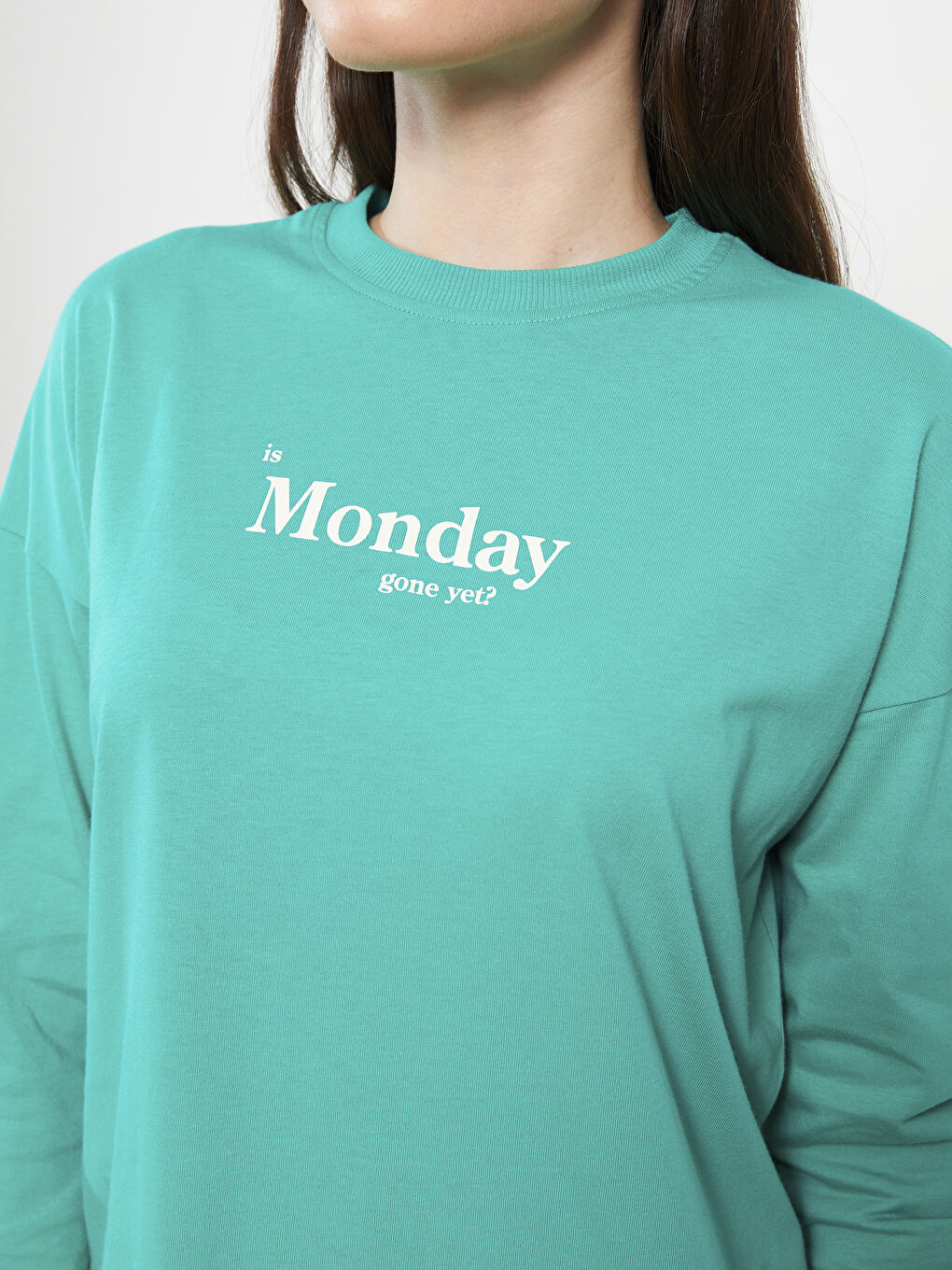 Yeşil Bisiklet Yaka Baskılı Uzun Kollu Pamuklu Kadın Tunik-3