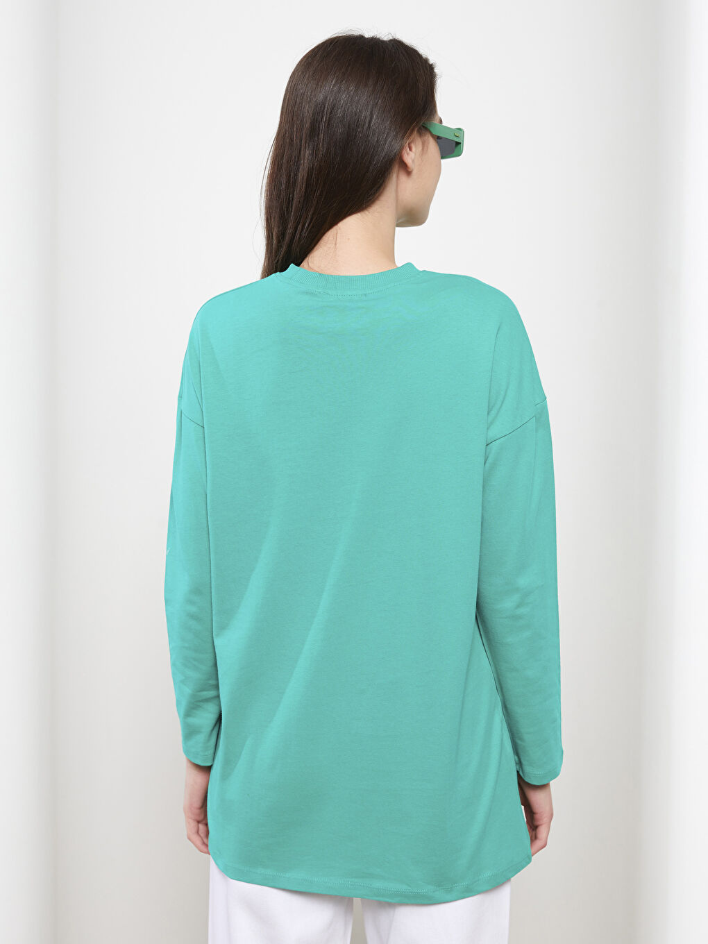 Yeşil Bisiklet Yaka Baskılı Uzun Kollu Pamuklu Kadın Tunik-4