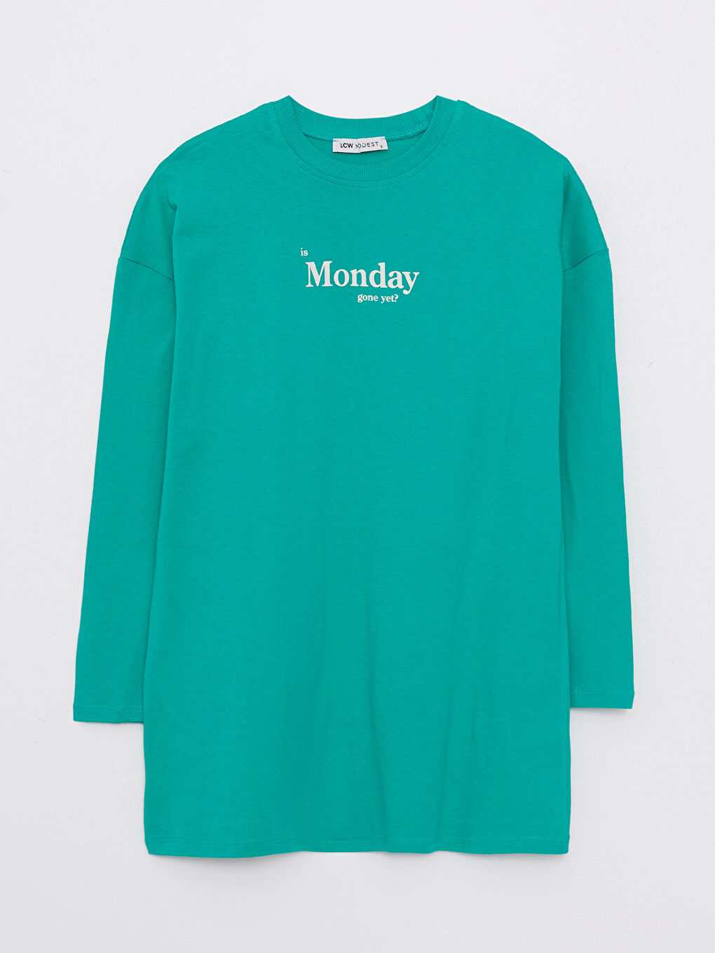 Yeşil Bisiklet Yaka Baskılı Uzun Kollu Pamuklu Kadın Tunik-5