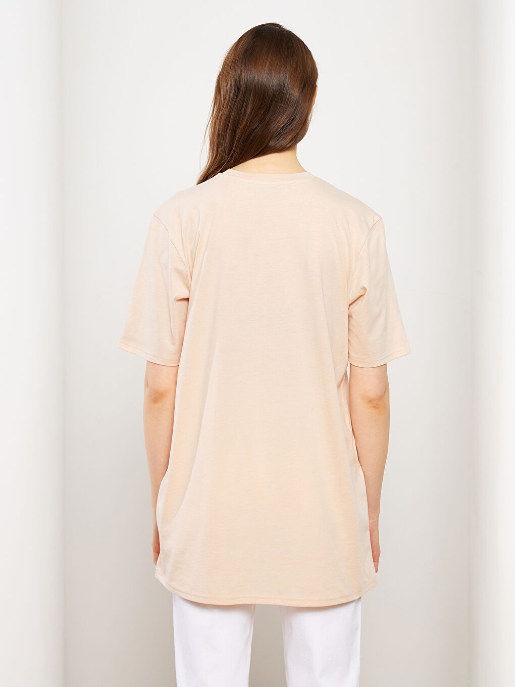 Bej Bisiklet Yaka Düz Kısa Kollu Kadın Tunik-9