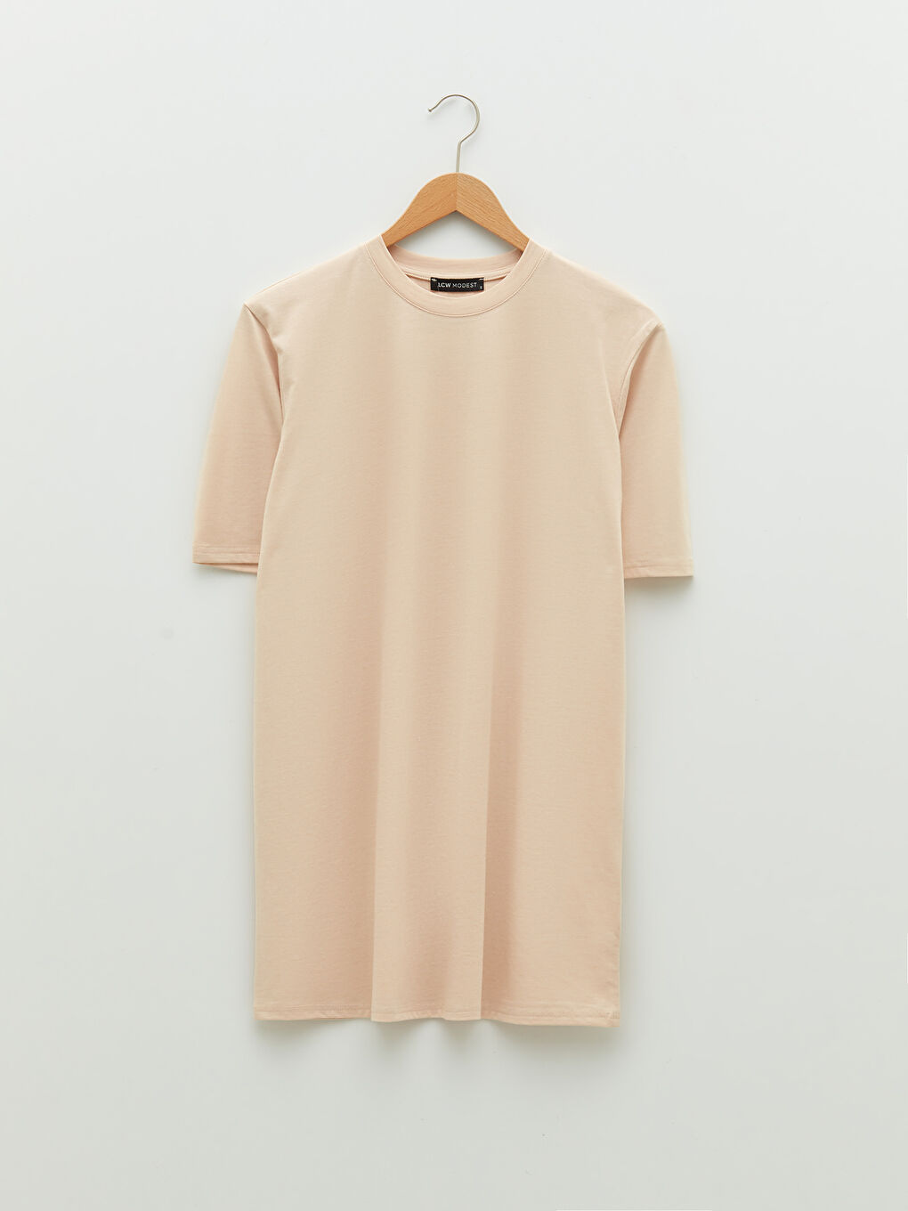 Bej Bisiklet Yaka Düz Kısa Kollu Kadın Tunik-10