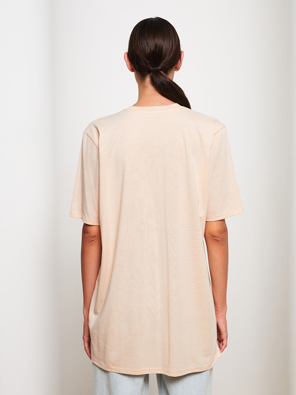 Bej Bisiklet Yaka Düz Kısa Kollu Kadın Tunik-8