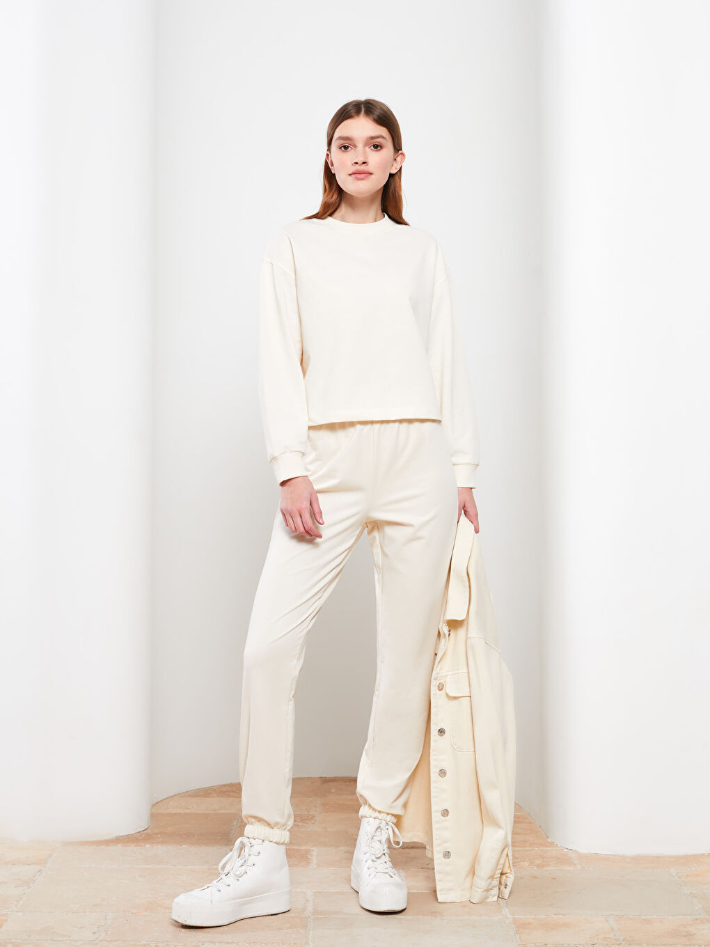 Ekru Kadın Beli Lastikli Düz Jogger Eşofman Altı-1