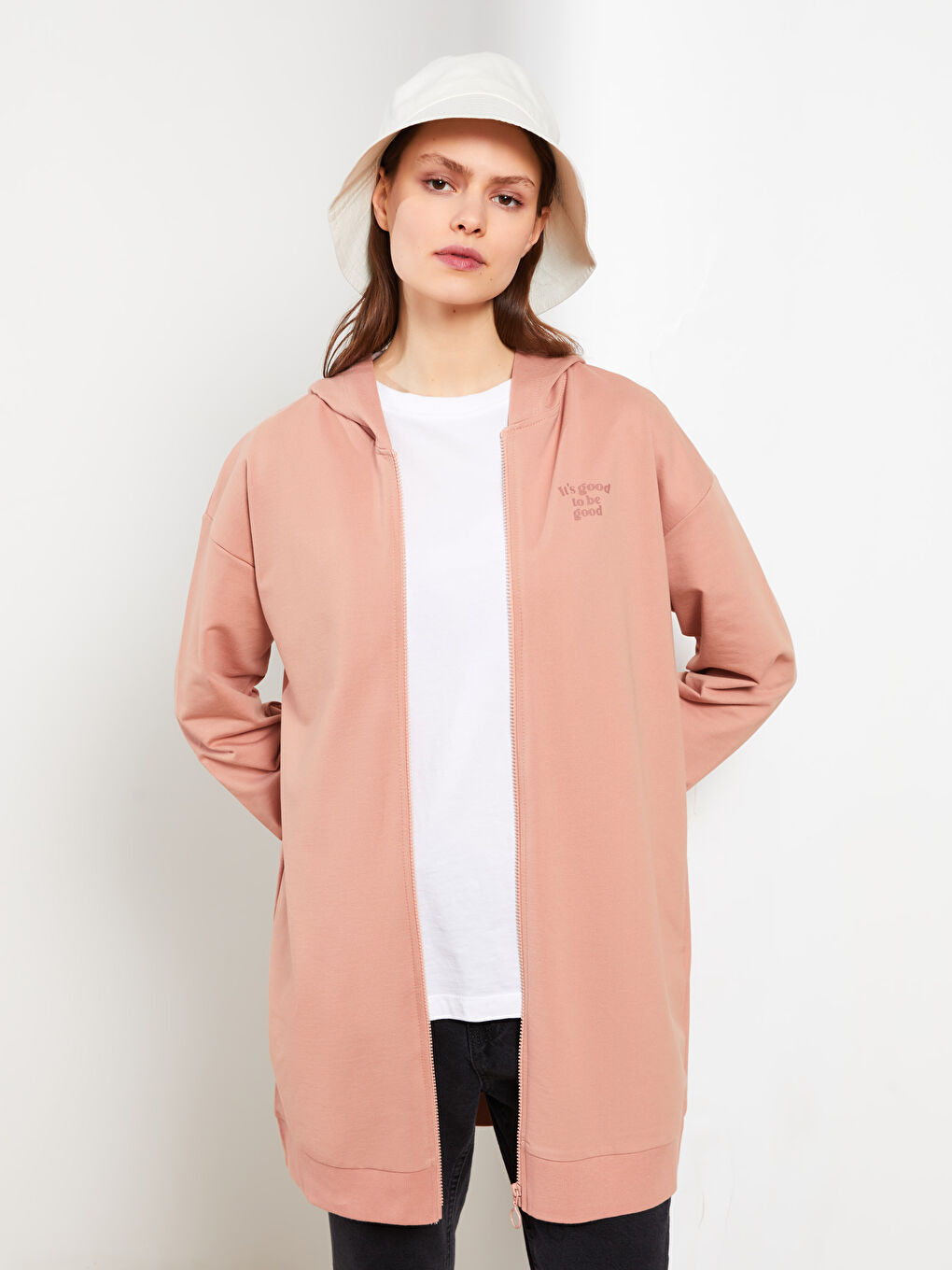 Bej Kapüşonlu Baskılı Uzun Kollu Kadın Hırka-1