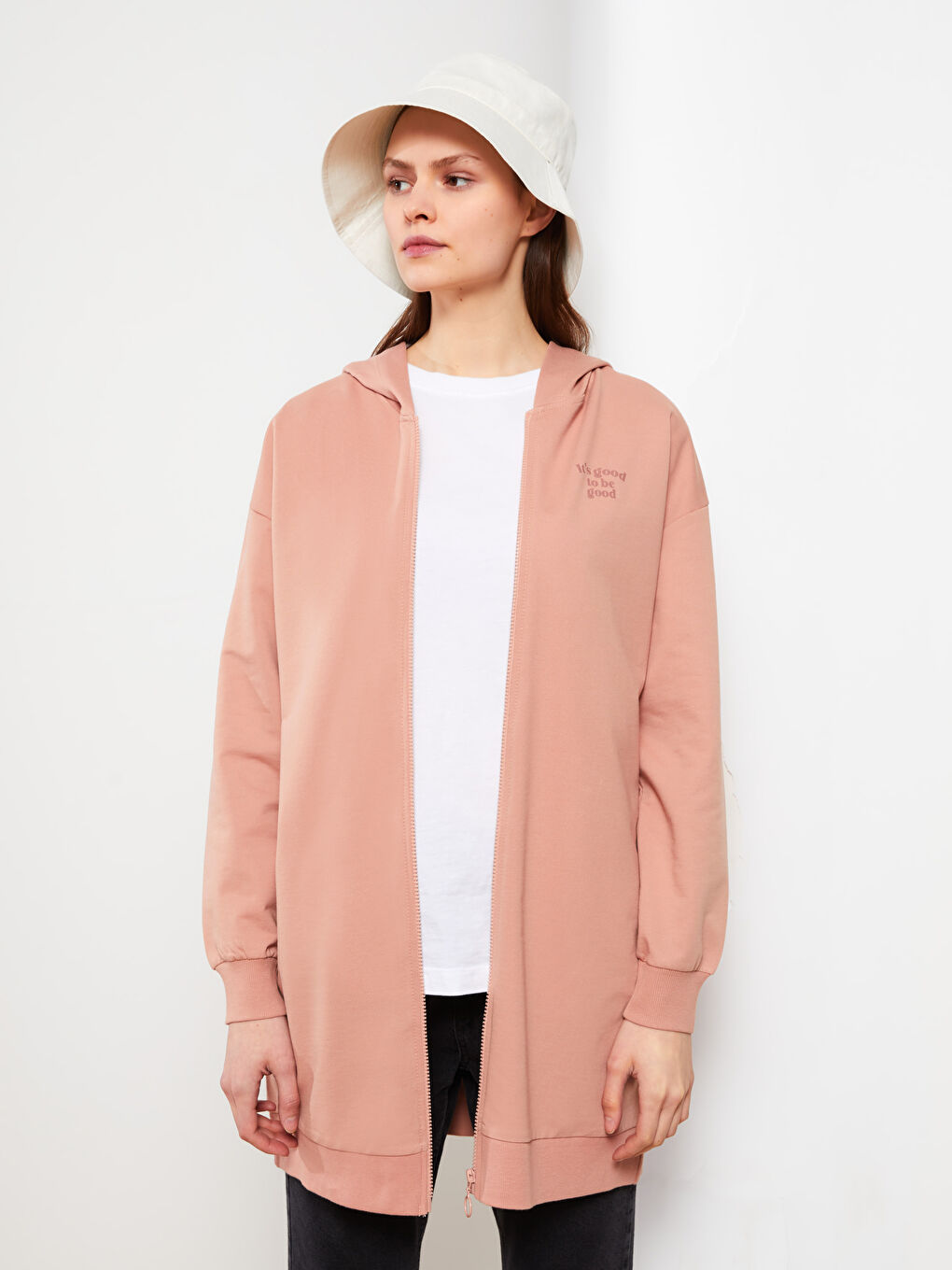 Bej Kapüşonlu Baskılı Uzun Kollu Kadın Hırka-2