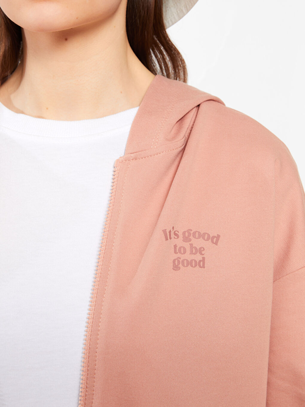 Bej Kapüşonlu Baskılı Uzun Kollu Kadın Hırka-3