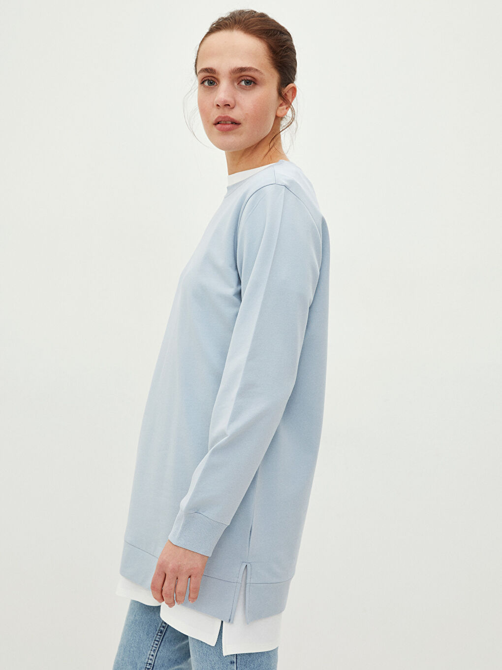 Mavi Bisiklet Yaka Düz Oversize Kadın Sweatshirt Tunik