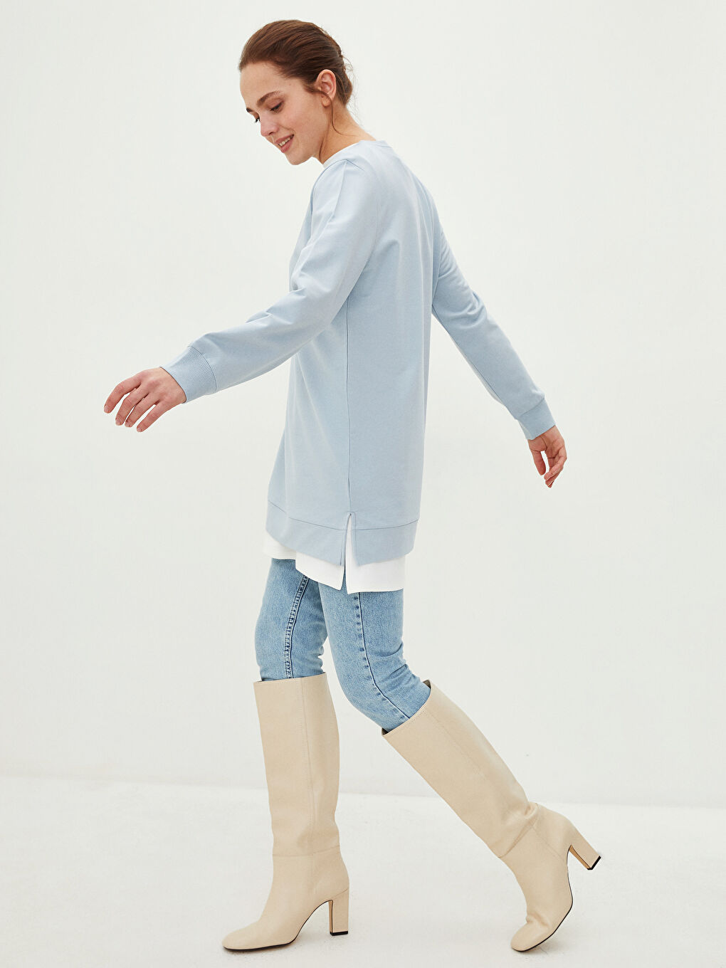 Mavi Bisiklet Yaka Düz Oversize Kadın Sweatshirt Tunik-1