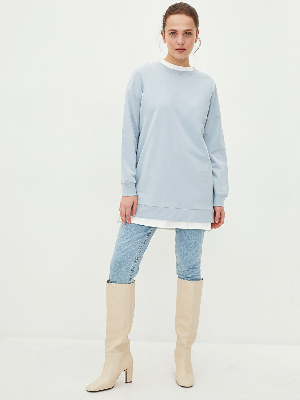 Mavi Bisiklet Yaka Düz Oversize Kadın Sweatshirt Tunik-2