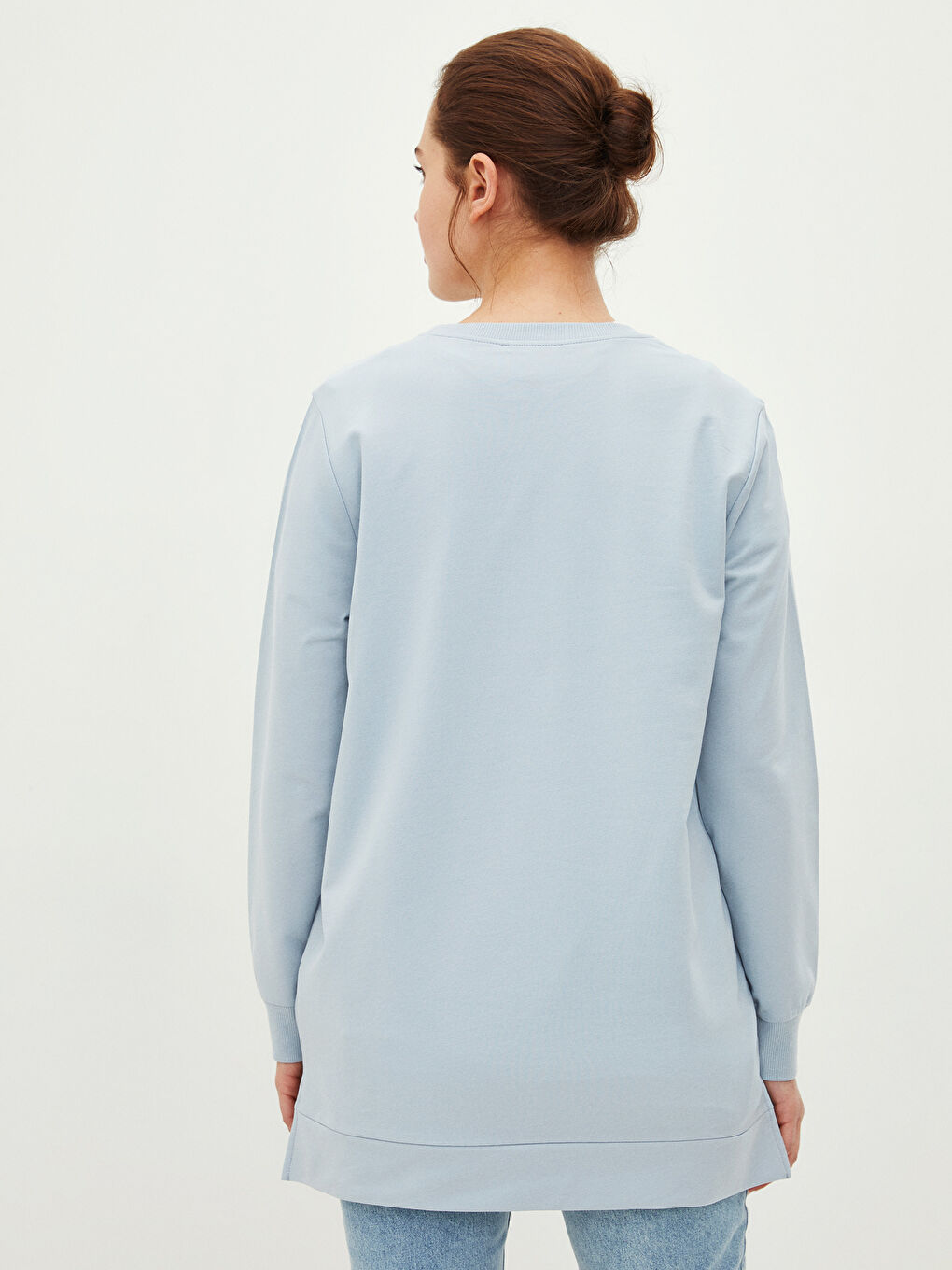 Mavi Bisiklet Yaka Düz Oversize Kadın Sweatshirt Tunik-4