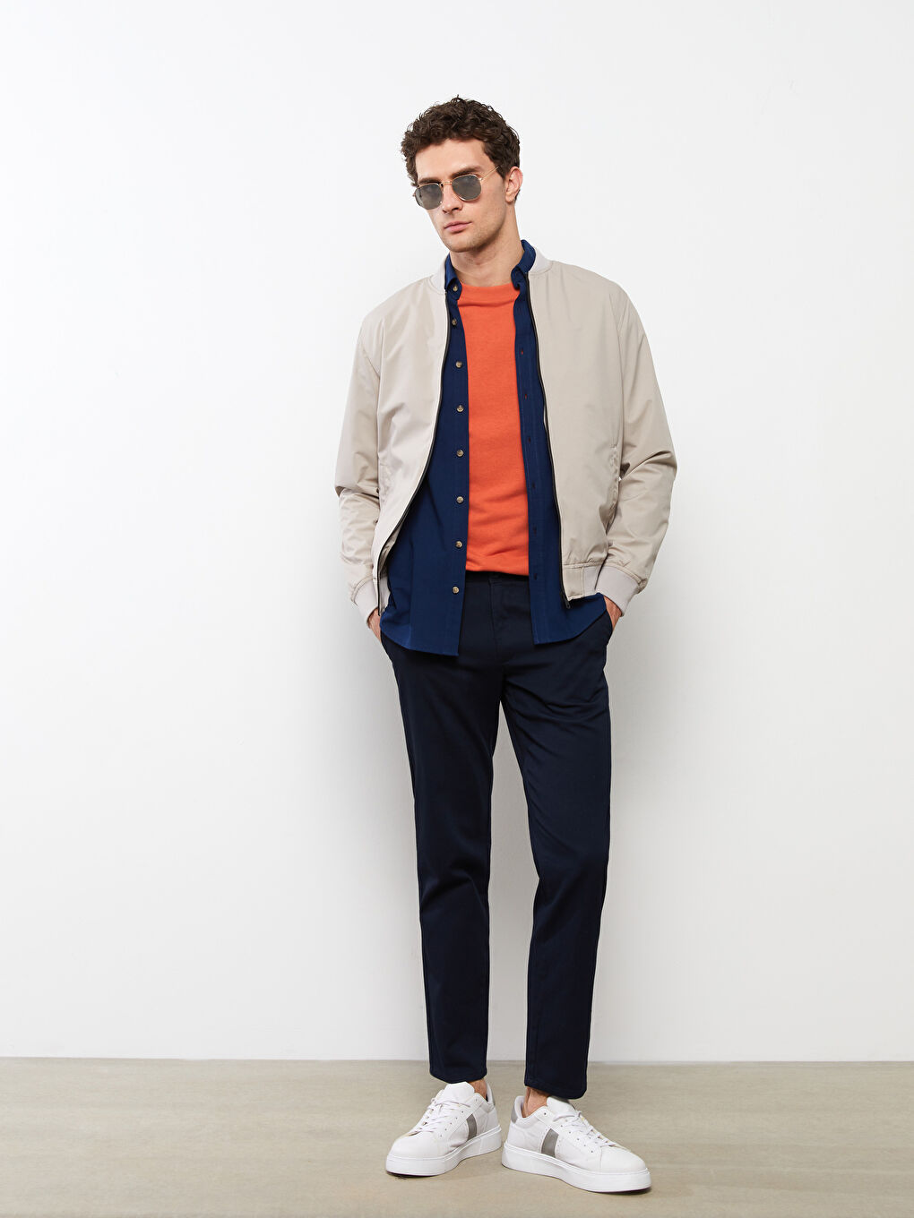 Bej Standart Kalıp Kolej Yaka Erkek Bomber Mont