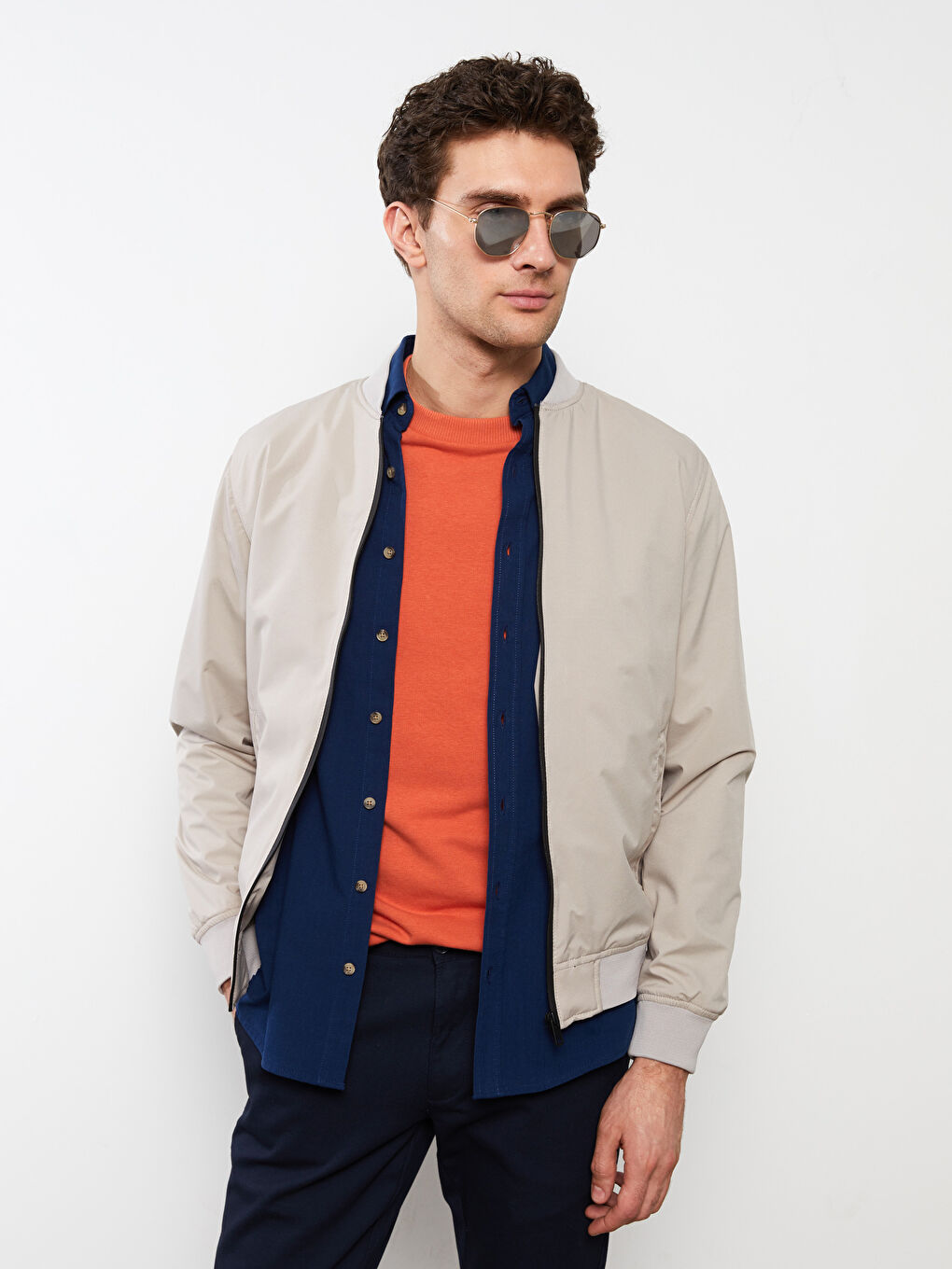 Bej Standart Kalıp Kolej Yaka Erkek Bomber Mont-1