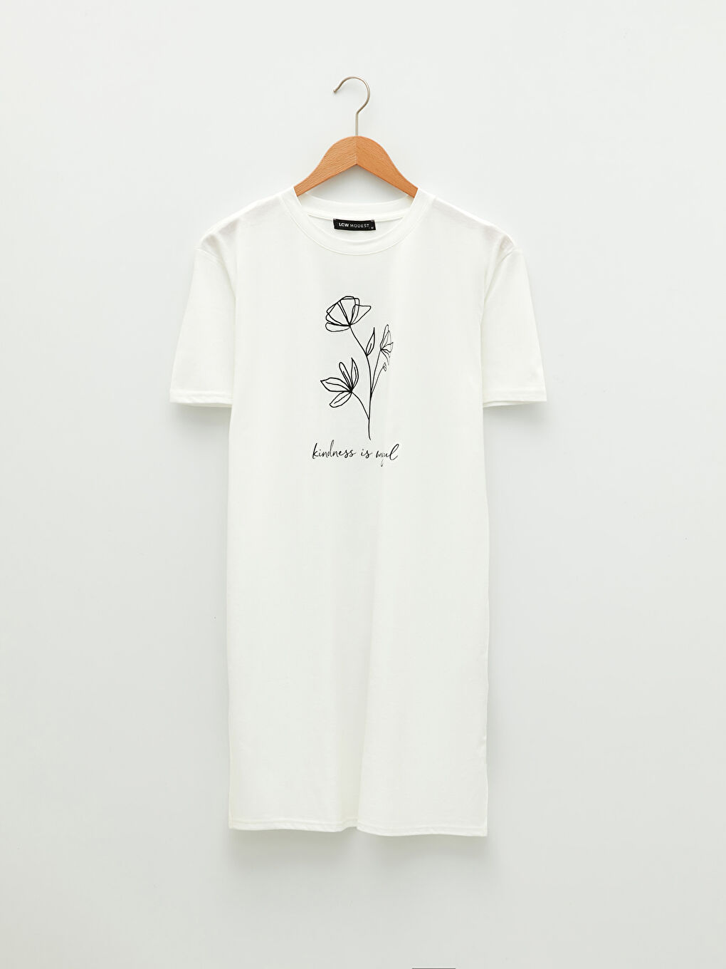 Ekru Bisiklet Yaka Baskılı Kısa Kollu Kadın Tunik-6