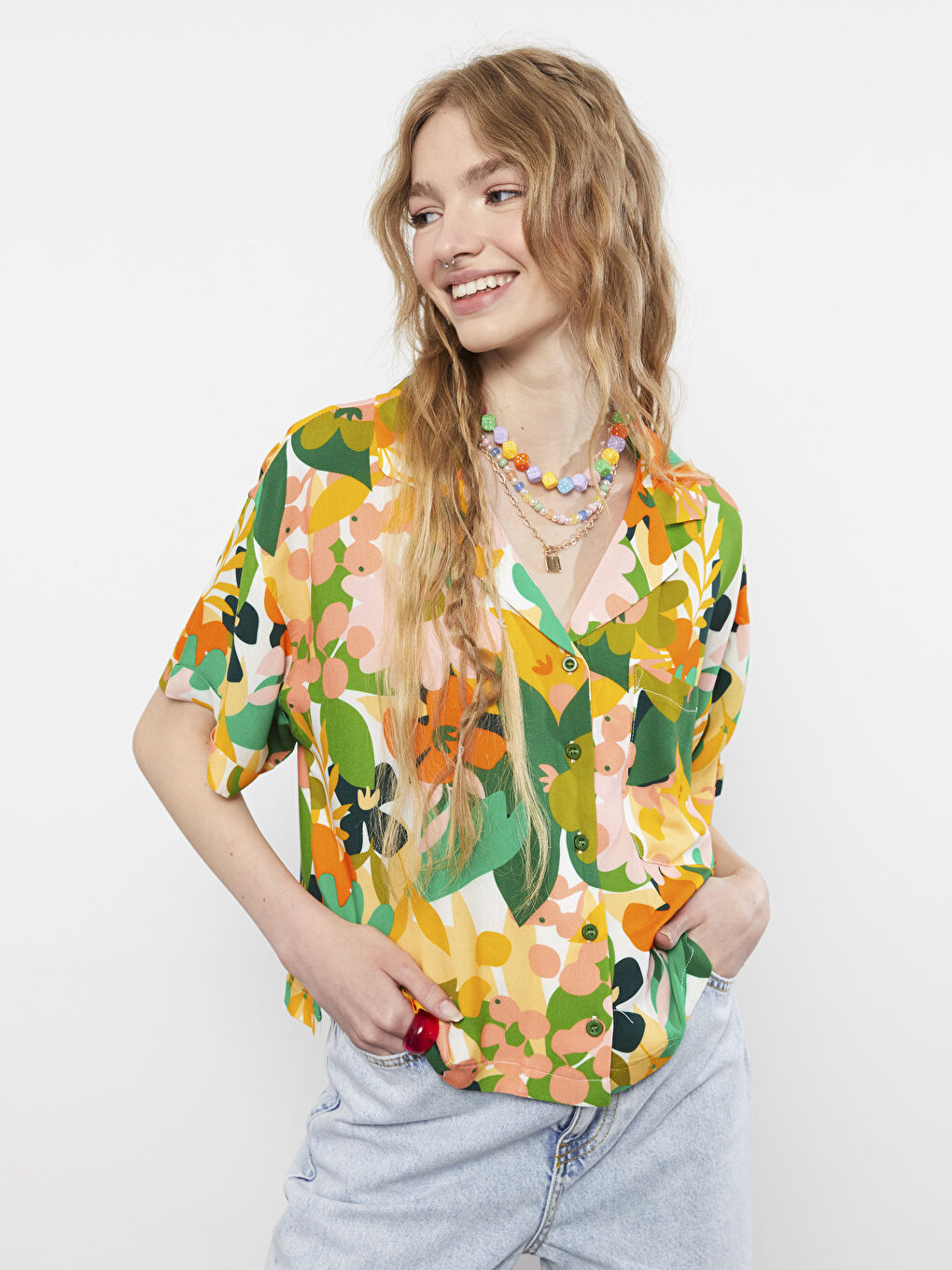 Front Button Closure Patterned Short Sleeve Viscose Women's Shirt