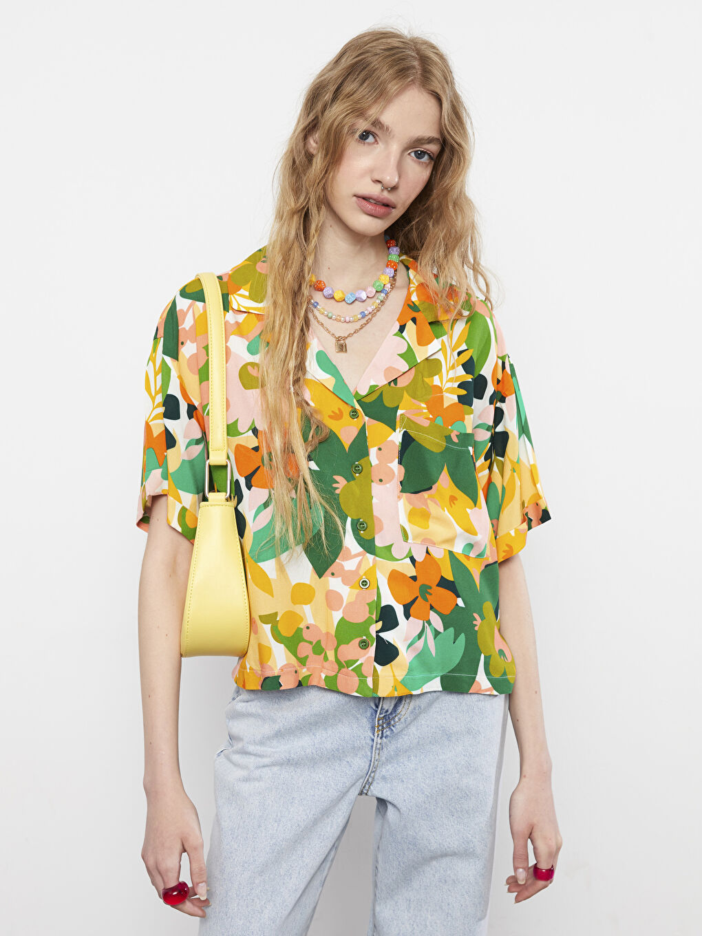 Front Button Closure Patterned Short Sleeve Viscose Women's Shirt-1