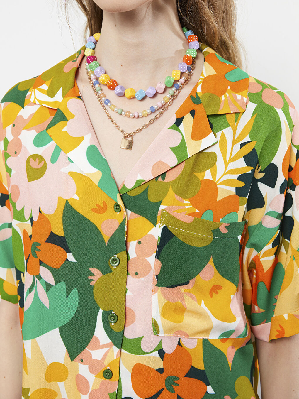 Front Button Closure Patterned Short Sleeve Viscose Women's Shirt-3