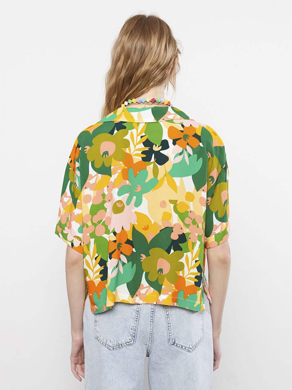 Front Button Closure Patterned Short Sleeve Viscose Women's Shirt-4