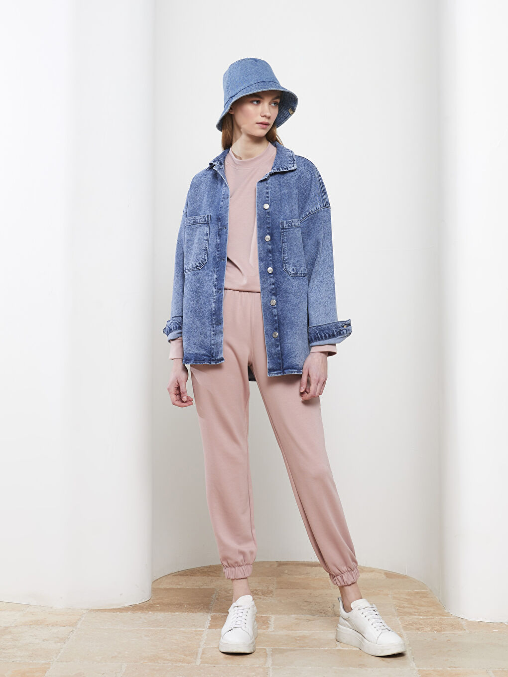 Pembe Kadın Beli Lastikli Düz Jogger Eşofman Altı