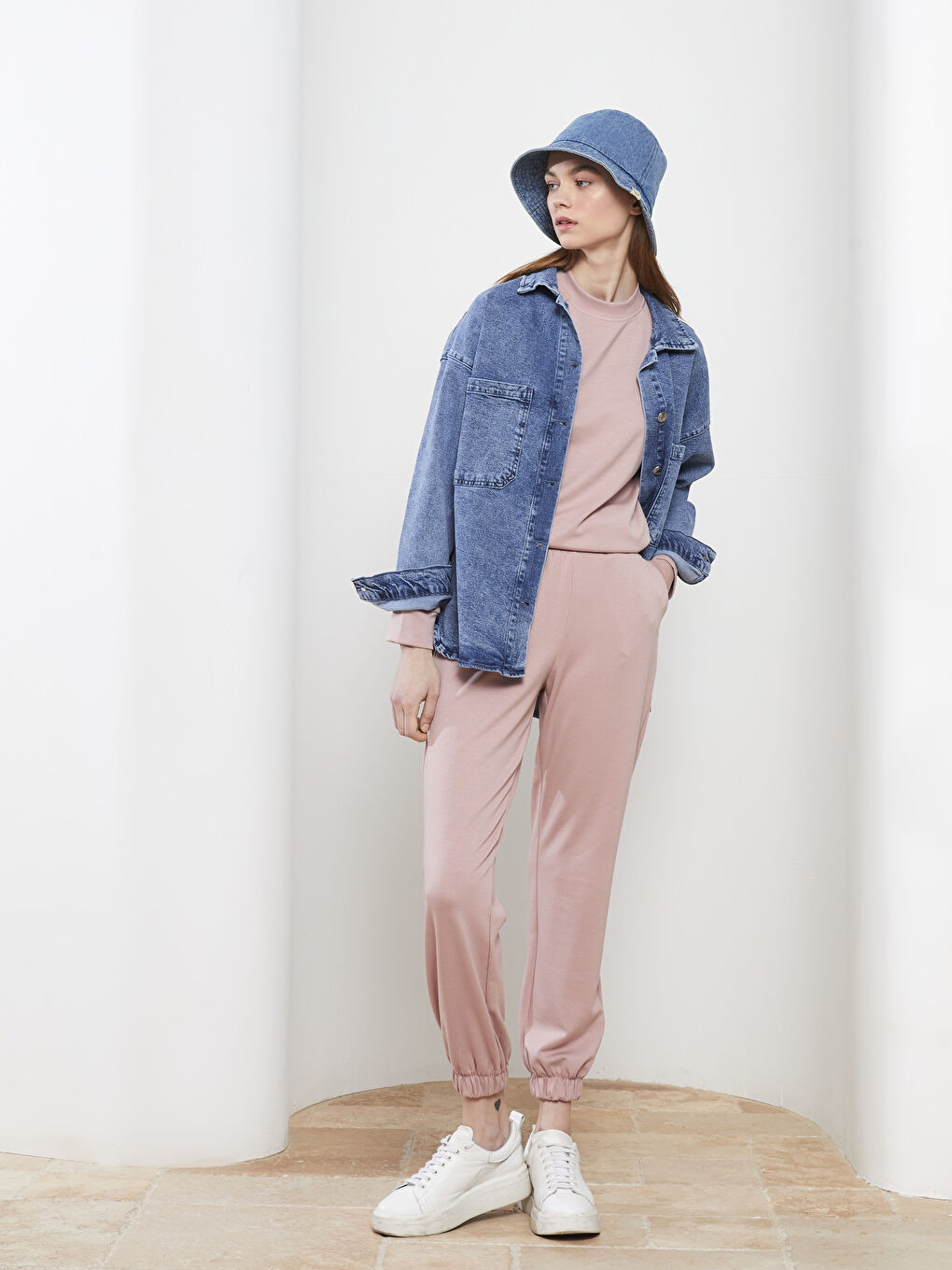 Pembe Kadın Beli Lastikli Düz Jogger Eşofman Altı-1