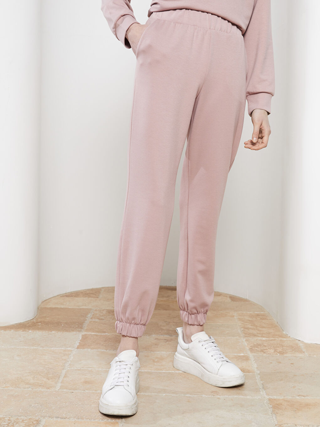 Pembe Kadın Beli Lastikli Düz Jogger Eşofman Altı-2