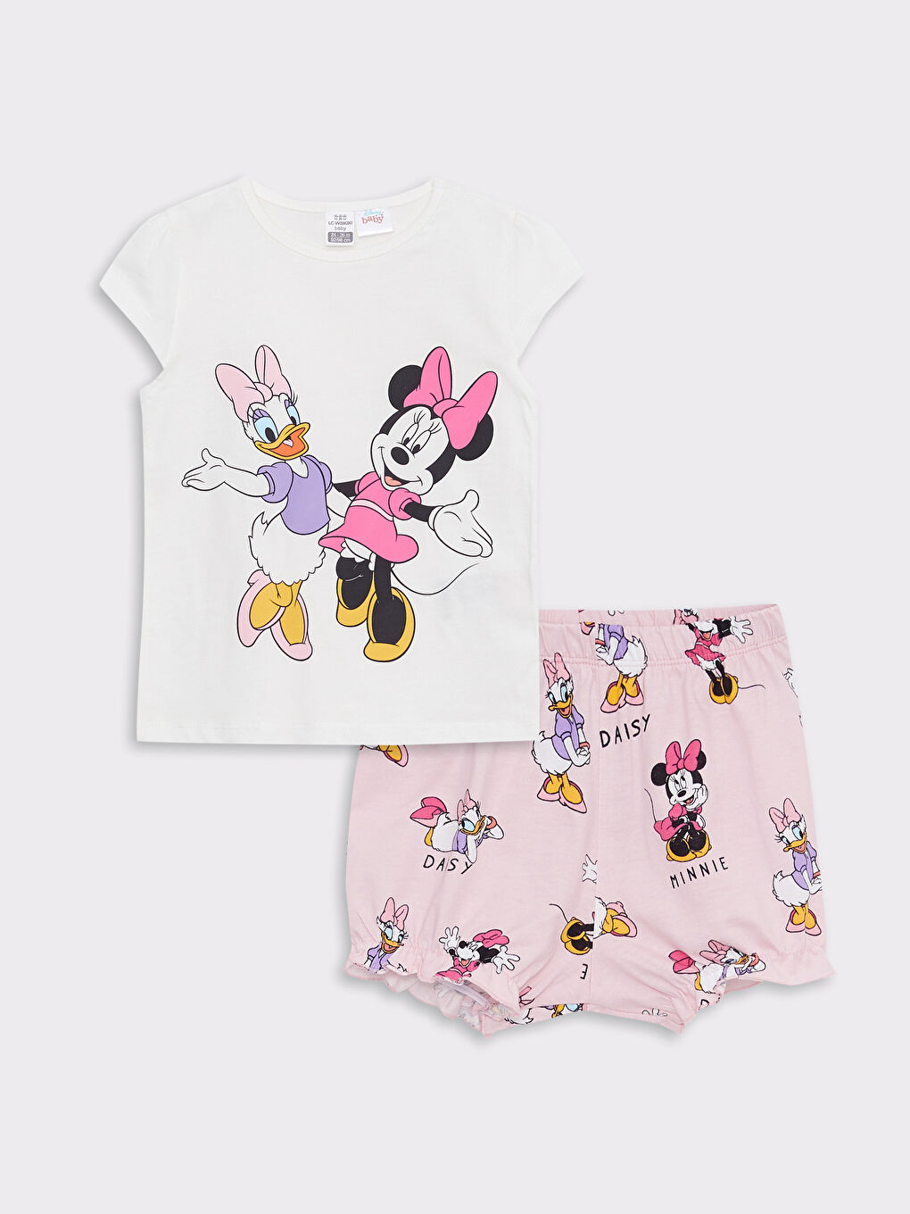 Ekru Bisiklet Yaka Kısa Kollu Minnie Mouse Baskılı Pamuklu Kız Bebek Pijama Takım