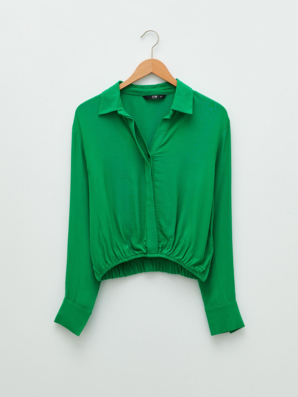 Yeşil Gömlek Yaka Düz Uzun Kollu Viskon Kadın Bluz-5