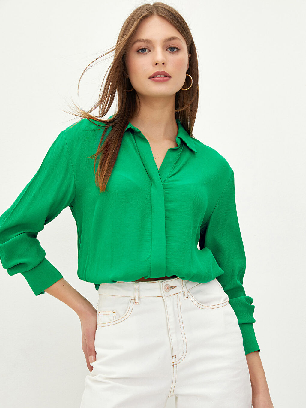 Yeşil Gömlek Yaka Düz Uzun Kollu Viskon Kadın Bluz