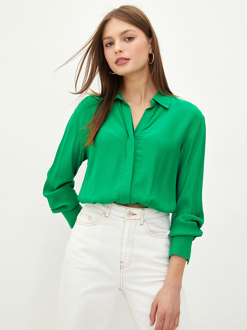 Yeşil Gömlek Yaka Düz Uzun Kollu Viskon Kadın Bluz-1