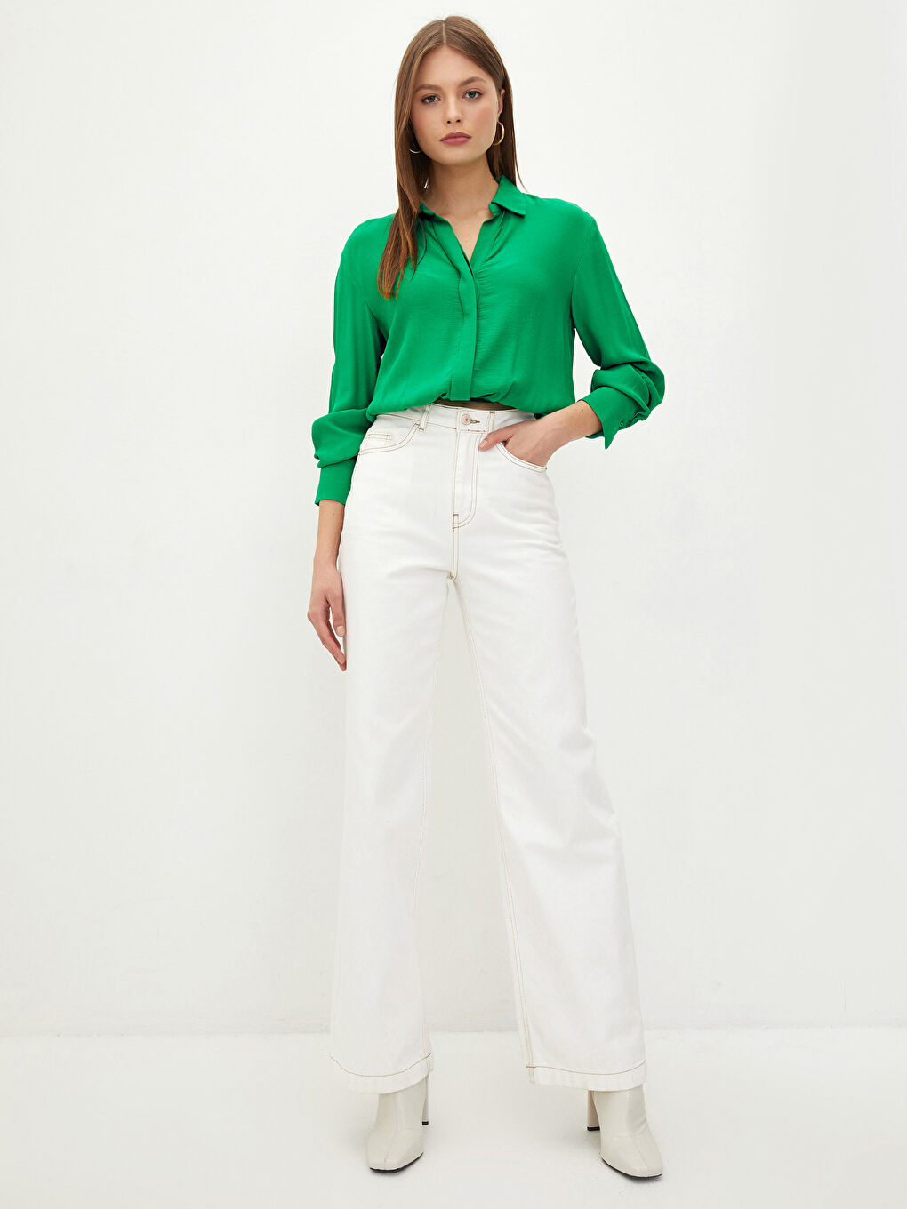 Yeşil Gömlek Yaka Düz Uzun Kollu Viskon Kadın Bluz-2