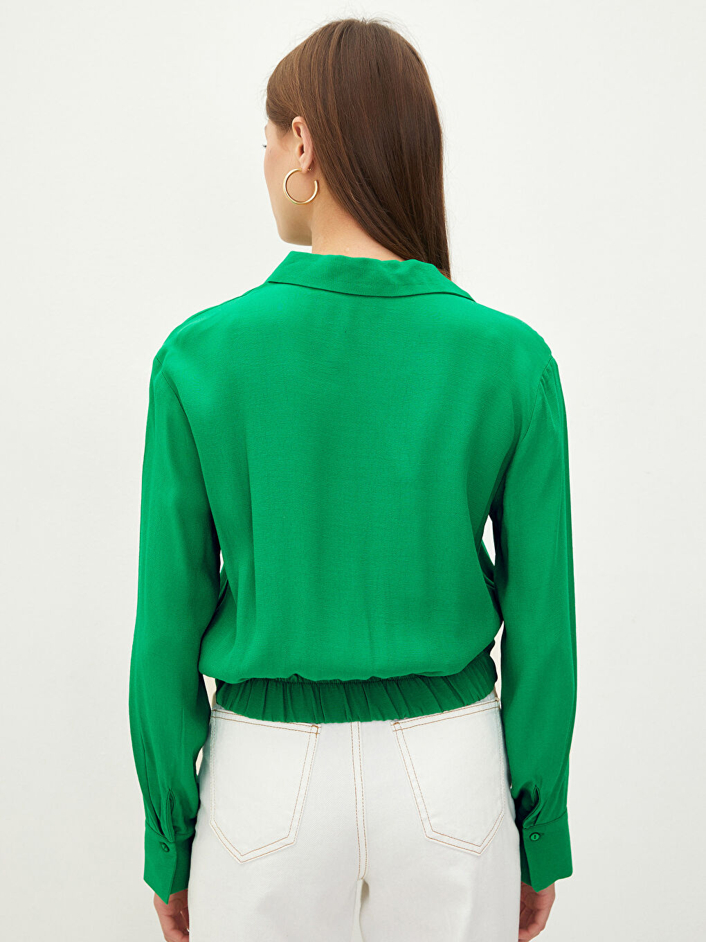 Yeşil Gömlek Yaka Düz Uzun Kollu Viskon Kadın Bluz-4