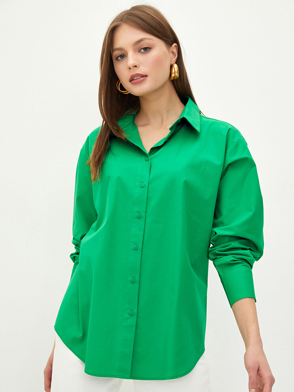 Yeşil Gömlek Yaka Düz Uzun Kollu Kadın Poplin Gömlek