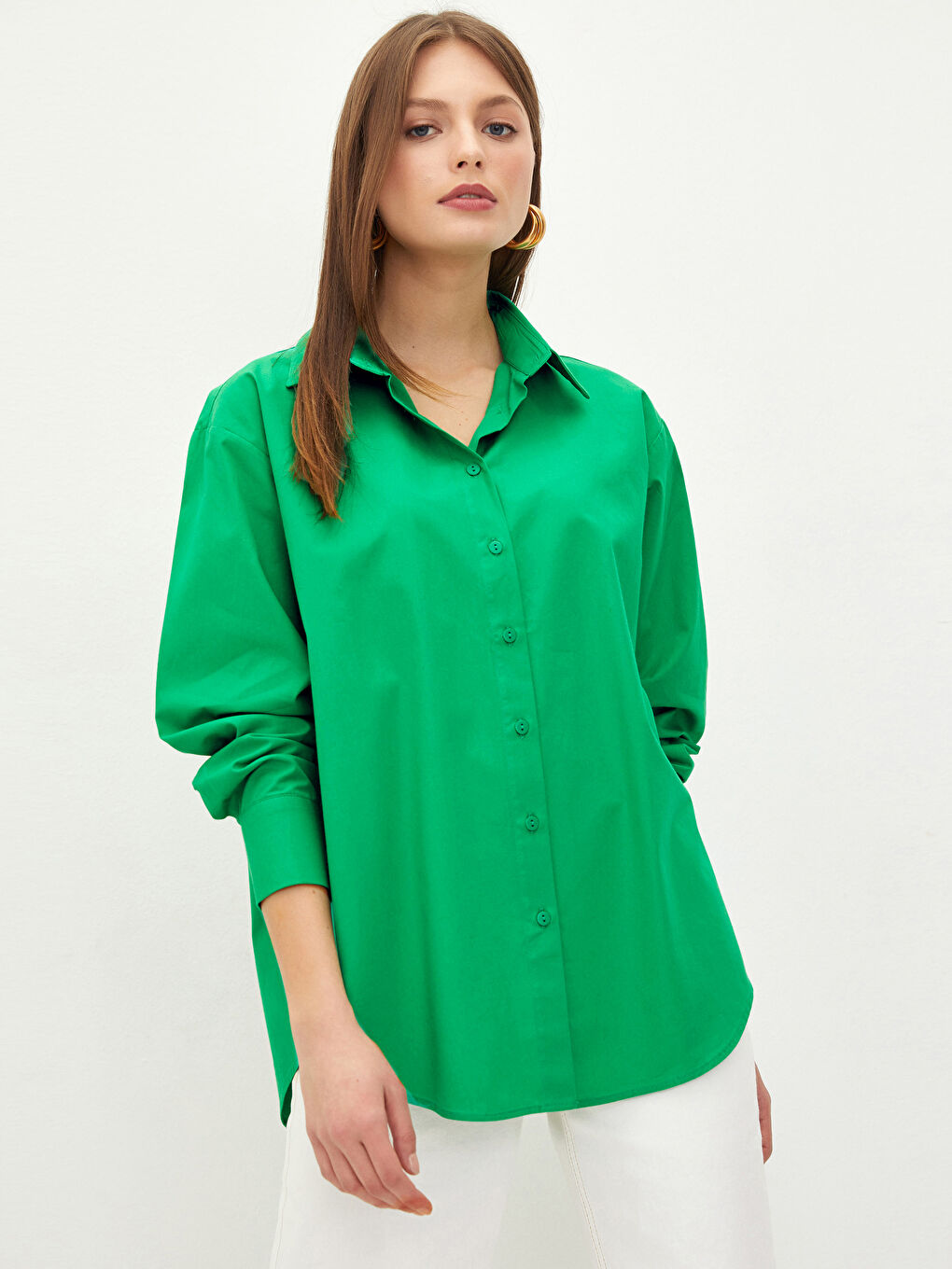Yeşil Gömlek Yaka Düz Uzun Kollu Kadın Poplin Gömlek-1