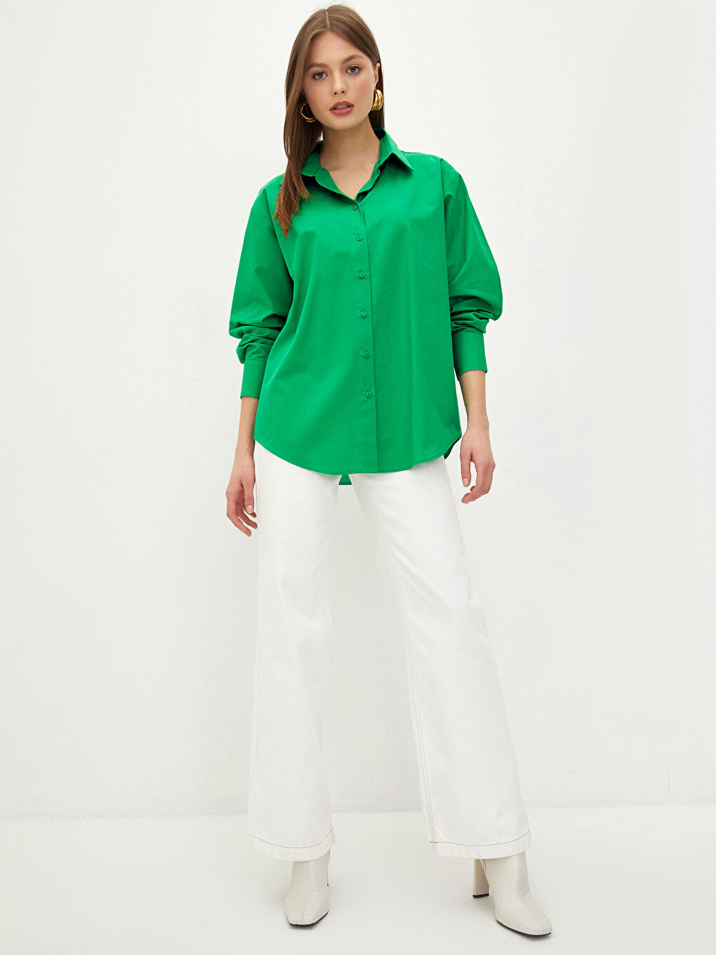 Yeşil Gömlek Yaka Düz Uzun Kollu Kadın Poplin Gömlek-2