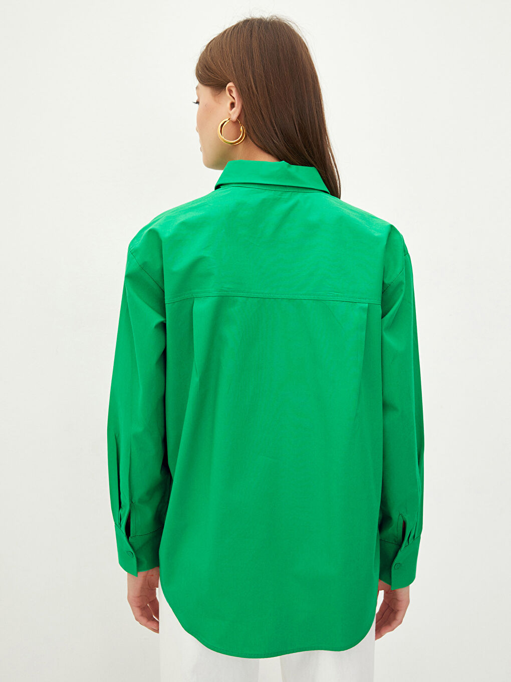 Yeşil Gömlek Yaka Düz Uzun Kollu Kadın Poplin Gömlek-4